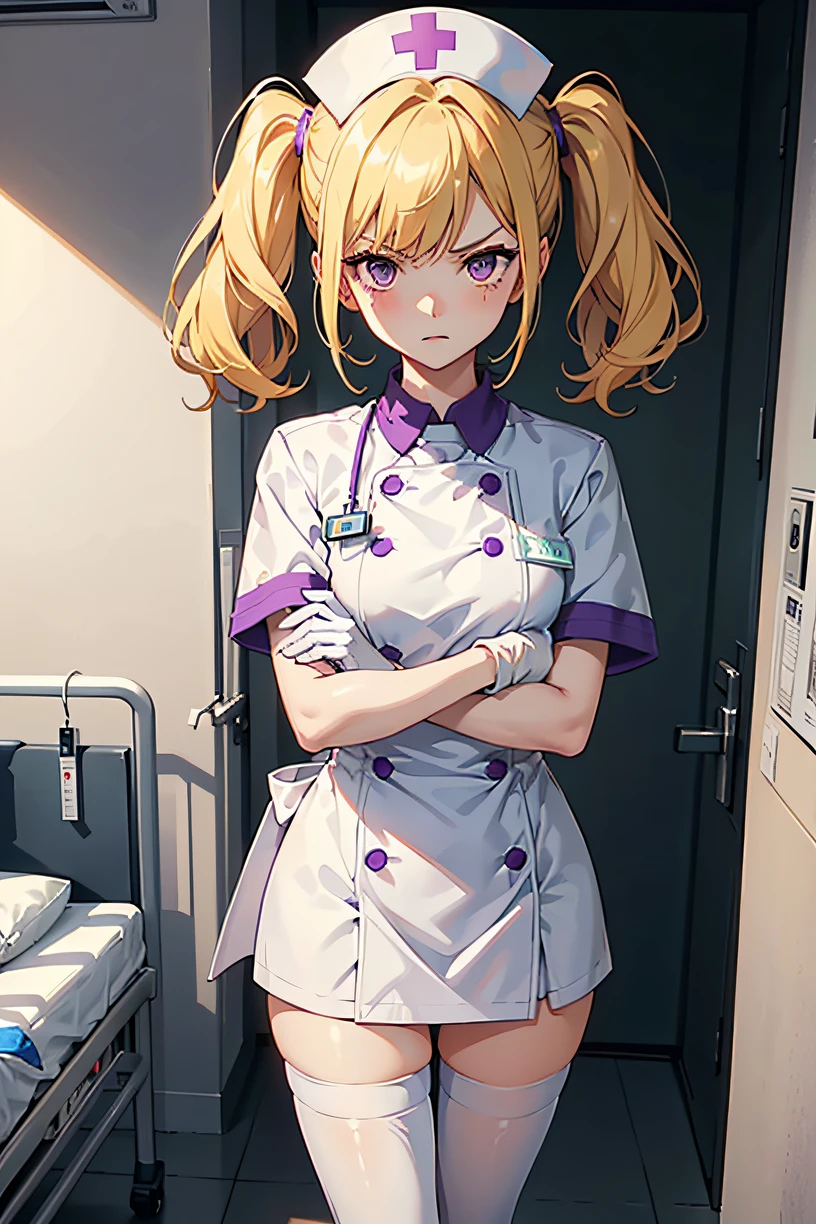 1 girl, alone, nurse, nurse cap, white clothes, ((white legwear, zettai ryouiki)), white gloves, twin tails, yellow hair, purple eyes, smile, Are standing, ((hospital room)), sharp outline, short sleeve, highest quality, masterpiece