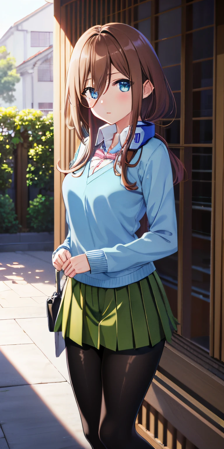 Masutepiece, Best quality, (highly detailed CG Unity 8k wallpaper) (Best quality), (best illustration), (Best shadows), Miku nakano,1girl,alone, brown hair, blue eyes,beautiful detailed eyes , Looking at viewer,((Blue cardigan)),((Short green pleated skirt)),((black pantyhose)),My clothes are very wet, School by the pool, lifting skirt, underwear, white thong with lace