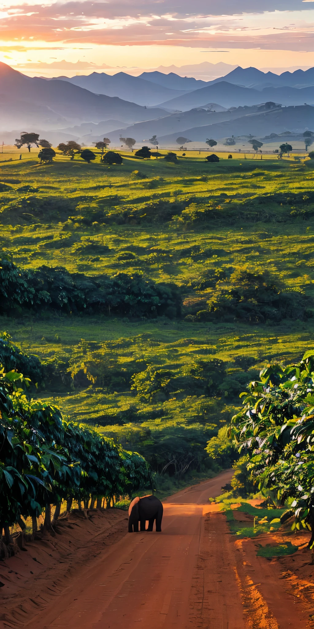 coffee estate，Coffee branches are covered with coffee berries，An elephant is strolling on a dirt road in the distance，The mountains in the distance are connected，The sunset is big and round