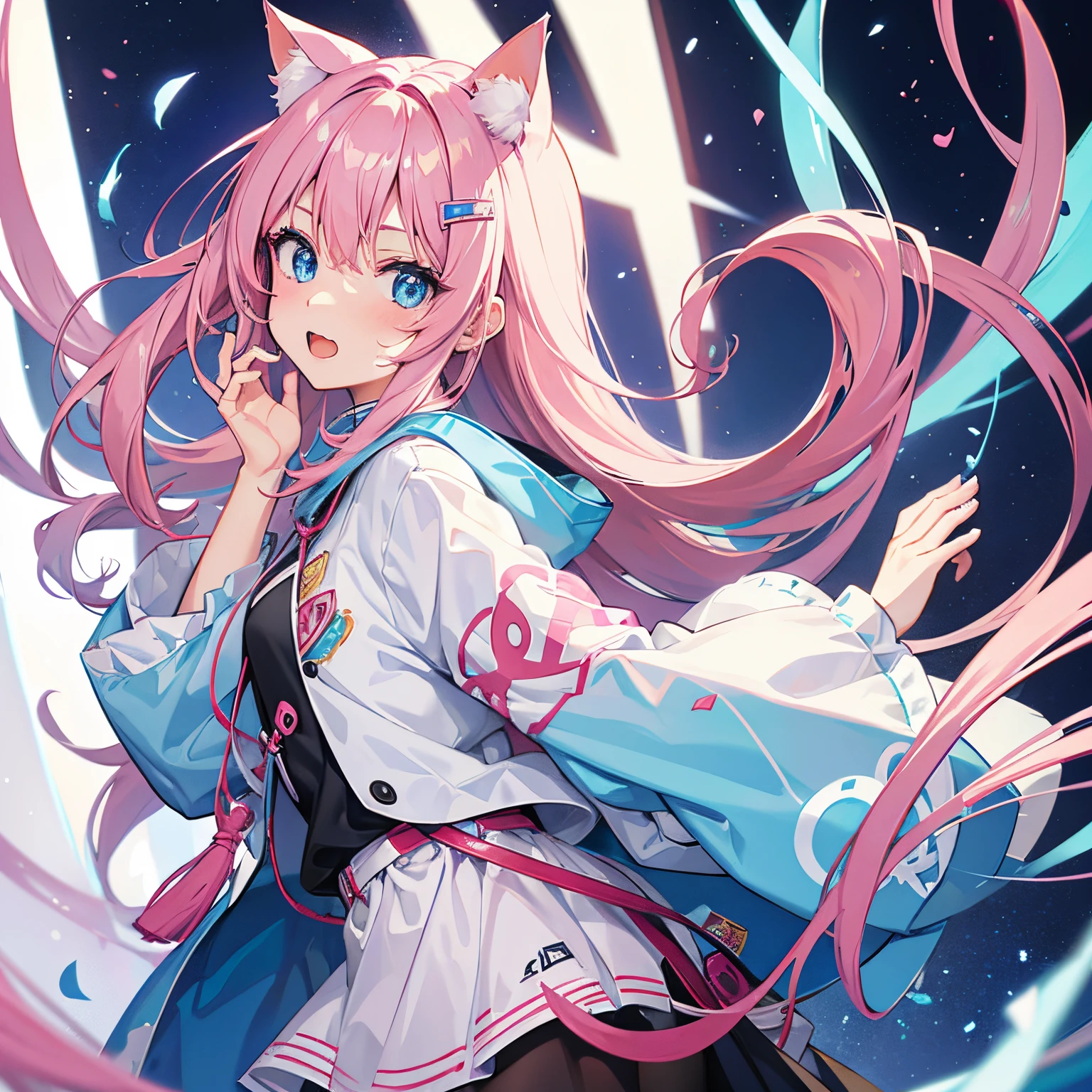 1 red pink long hair、Cat ear、Light blue and pink with odd eyes、pink hoodie、blue skirt、tights、Knee-high boots