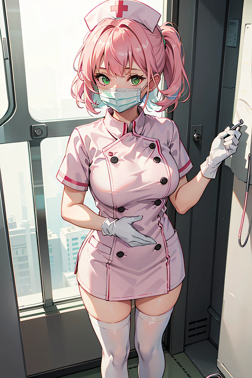 1woman, solo, nurse, white nurse cap, white nurse uniform, ((white legwear, zettai ryouiki)), white gloves, pink hair, green eyes, drooping eyes, ((white surgical mask, covered nose)), standing, ((hospital room)), sharp outline, short sleeves, mature female, 32 years old, best quality, masterpiece