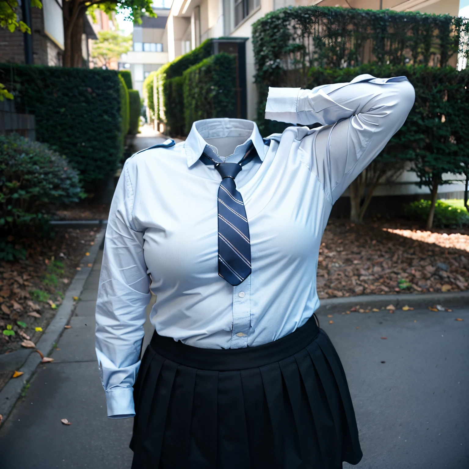chubby, fat, school uniform, school tie, going home from school, school bag, (Swayback stance, Seductive pose), (invisible:1.5, no humans:1.5, headless:1.5, faceless:1.5), (cute big breasts), (8k, RAW photo, best quality, masterpiece:1.2), (realistic, photo-realistic:1.37), photon mapping, radiosity, ((Hasselblad photography)), physically-based rendering