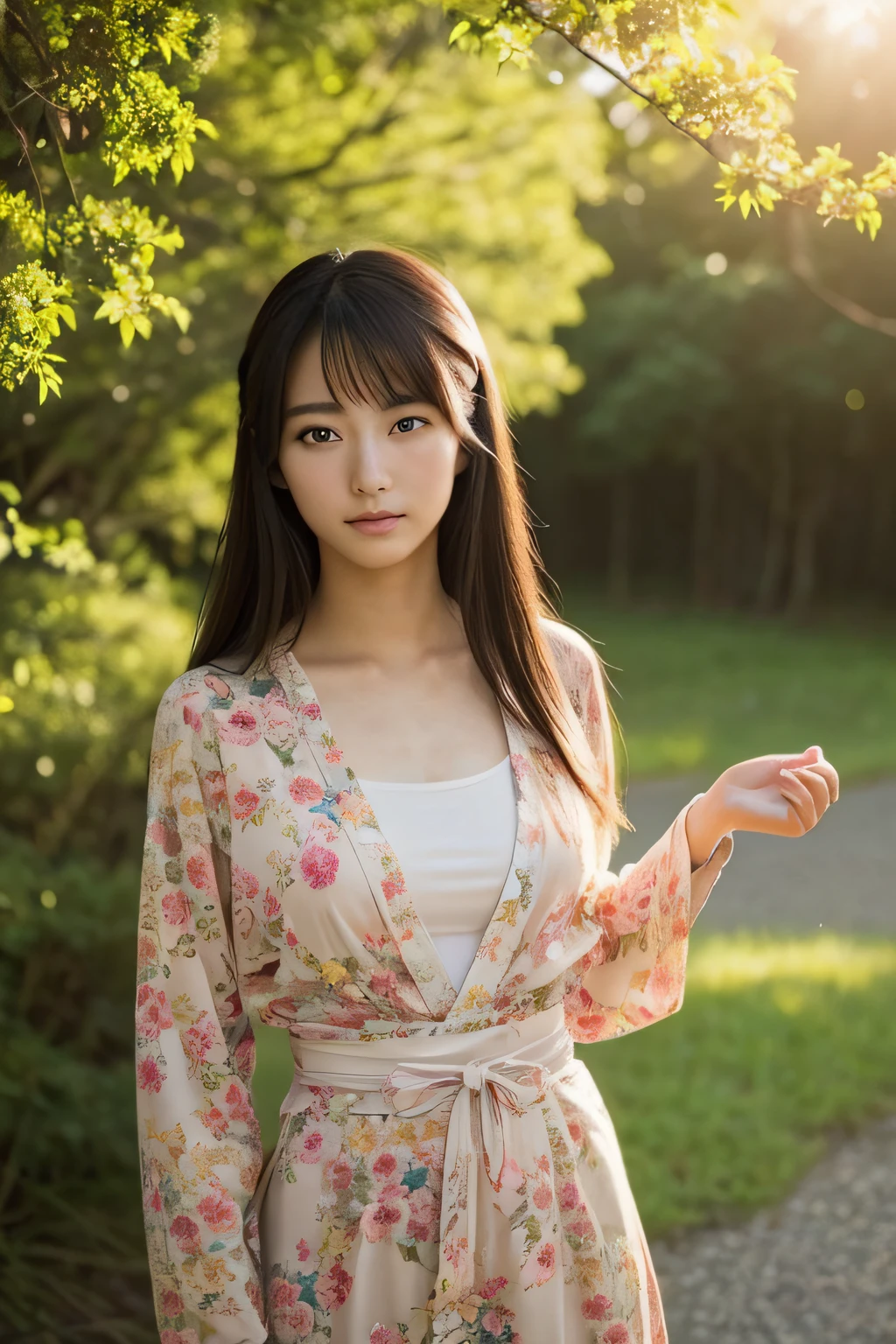 (Beautiful realistic Japan woman、20yr old、Beautie)、Something strange seems to happen、((presentiment、inspiration))、suns、air movement、(nature)、