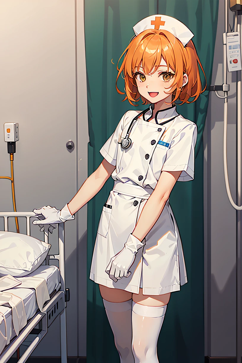 1girl, solo, nurse, nurse cap, white nurse uniform, ((white legwear, zettai ryouiki)), white gloves, very short hair, orange hair, ((white surgical mask, covered nose)), standing, ((hospital room)), sharp outline, short sleeves, tomboy, boyish, best quality, masterpiece