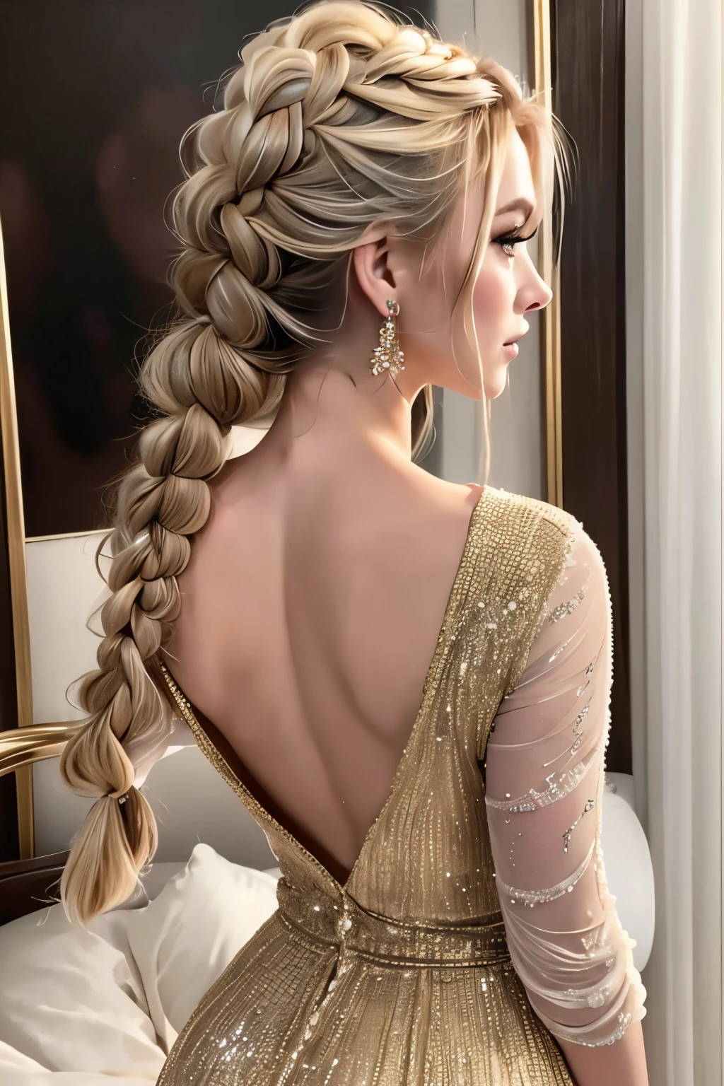 Realistic portraits、European young woman、Ash Blonde Girl、Loosely bundled braid、extremely realistic face、Ultimate Beauty、skinny  body、de pele branca、、Attractive butt、Awkward ass、(((beautiful luxury dress)))
