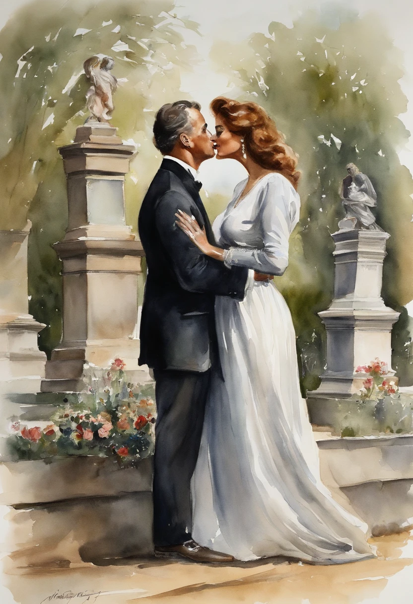 Sophia Loren as A buxom, 60 years old widow wearing a black dress and a young handsome coach man wearing breeches hugging and making out at a grave in a cemetery , painting by Adolphe Menzel
