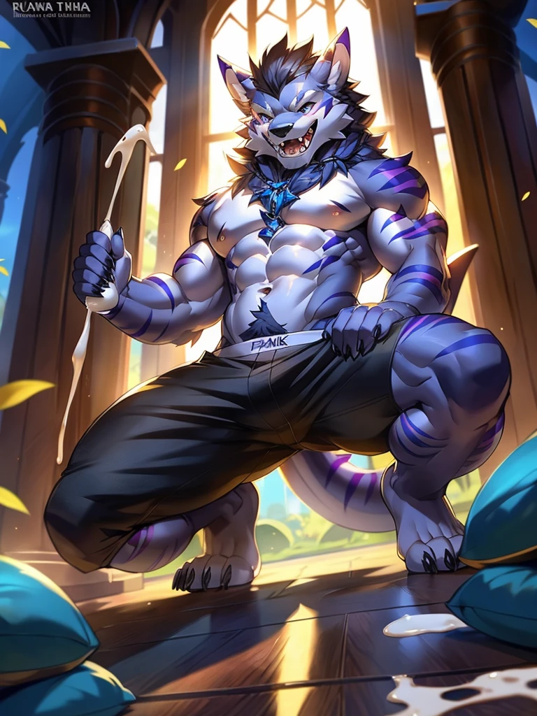 Beautiful detailed portrait showing male werewolf , Full body like，subtract, author：ross tran,ruanjia, A high resolution, photo-realism, 电影灯光,Muscle tissue，kneel，Vigorous， White belly，Hairy belly，Black  shorts，canineteeth, ssmile, take off your pants，The pants were thrown to the ground，fig leaves，Ren Paulin，with her mouth open，Stick out her tongue，drools，Intimacies，Alone, 1 boy, self-shot, , Beautiful quality illustrations, luring, Fluffy fur, Black fur,Purple stripes, Evil charm，Nice face, low angle view,Milk spills into the lower body，Milk spilled all over the floor，Shark tail，Recline back