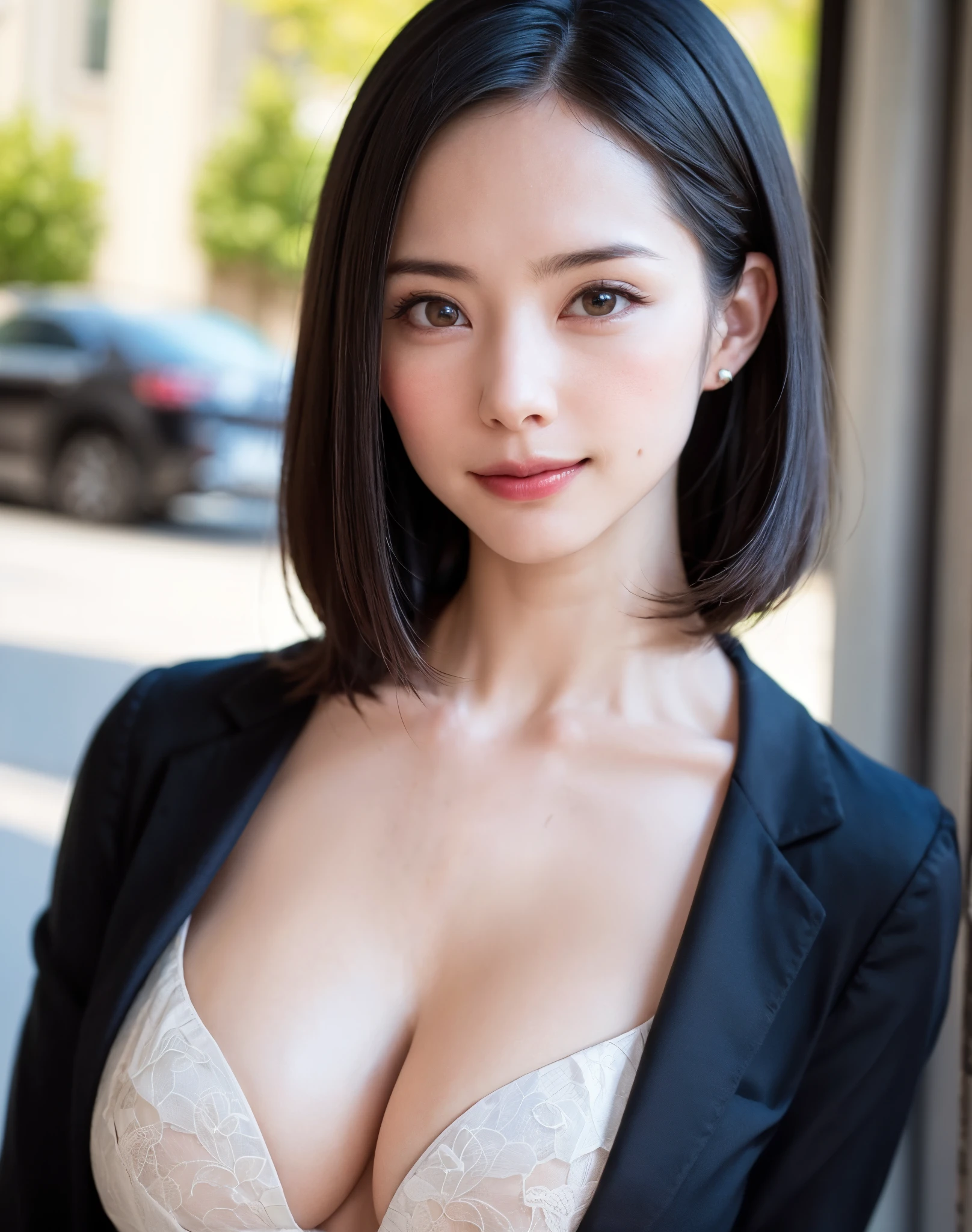 (masterpiece, top-quality、Very attractive adult beauty、Add intense highlights to the eyes、Look firmly at the camera),1girl in, 独奏, Bangs brunette short bob hair, scarf,realisitic, looking at the viewers, brown eyes of light color、coat, Winter clothes, White headscarf, s lips, lipgloss,Many bangs, The upper part of the body、big eye、Lashes)、((Road system in Italy))、((short bob hair with bangs、big eye、Put very strong highlights in your students、very Bigger breasts、gazing at viewer、Very beautiful beauty、Put your ears out、long neck、little smiling、Beautiful teeth、Open your mouth and smile))、28 year old、Very cute supermodel、colourfull
