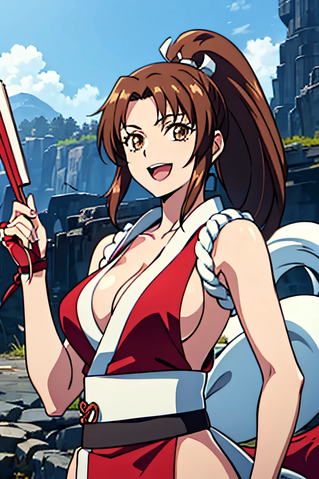 MAI SHIRANUI, 1GIRL, SOLO, SHIRANUI MAI, BREASTS, BROWN HAIR, HAND FAN, PONYTAIL, PELVIC CURTAIN, LONG HAIR, FOLDING FAN, BROWN EYES, CLEAVAGE, JAPANESE CLOTHES, REVEALING CLOTHES, LARGE BREASTS, ROPE, OPEN MOUTH, SIDEBOOB, 1girl, solo, upper body, facing viewer, looking at viewer, smile,