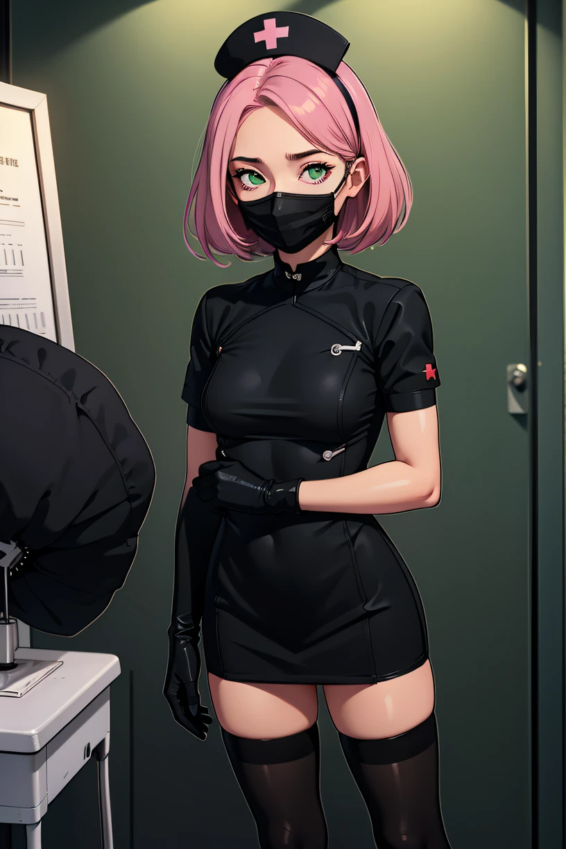 black nurse, 1girl, solo, black nurse cap, black wear, ((black legwear, zettai ryouiki)), black elbow gloves, pink hair, green eyes, drooping eyes, ((black surgical mask, covered nose)), standing, ((surgery room)), sharp outline, short sleeves, best quality, masterpiece