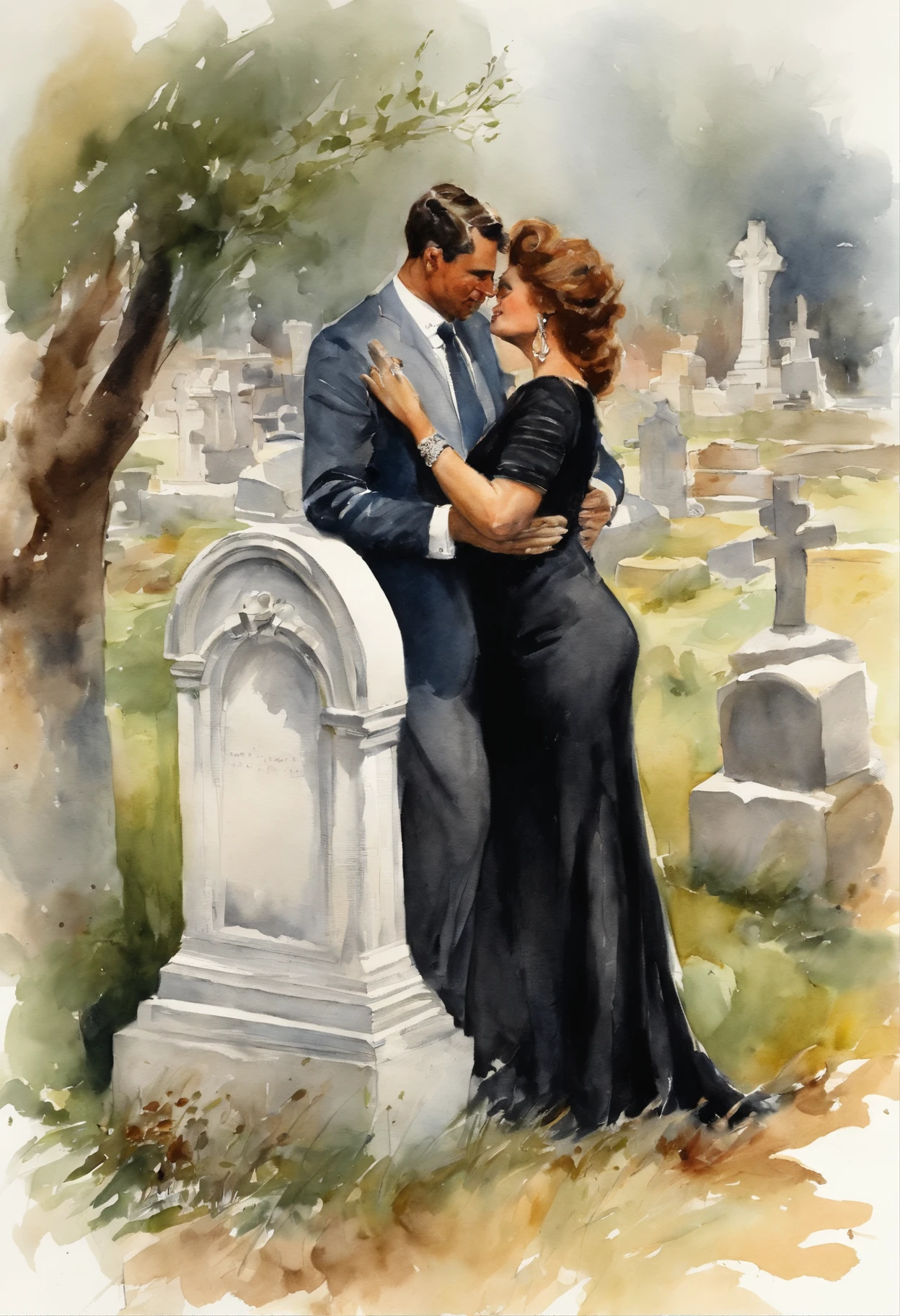 Sophia Loren as A buxom, 60 years old widow wearing a black dress and a young handsome coach man wearing breeches hugging and making out at a grave in a cemetery , painting by Adolphe Menzel