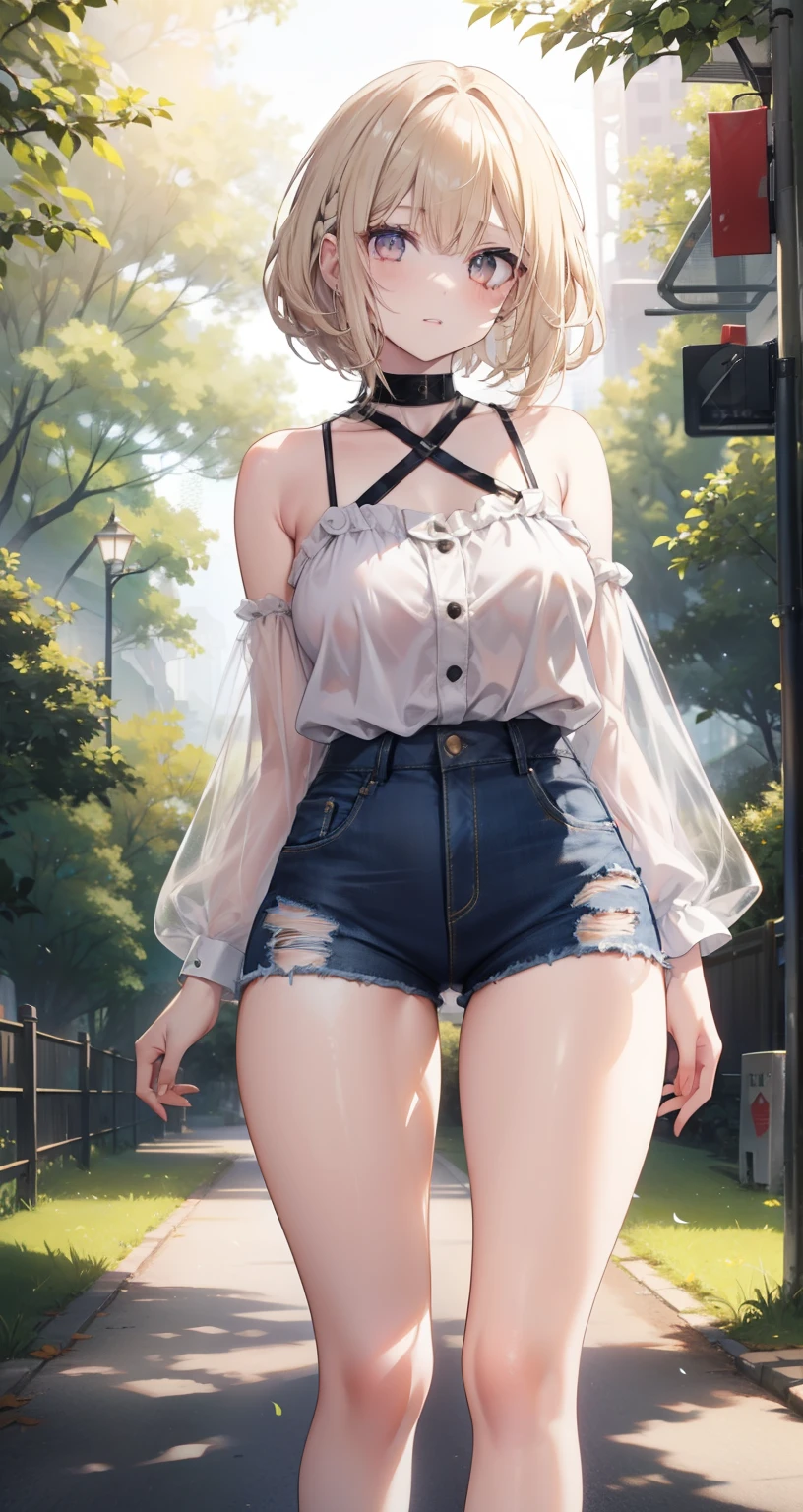 1 girl, pale skin, eyes, mouth, lips, giant hair, bangs, highlights, painted on the back of the head, neck, shoulders, short blouse, perfect belly, ripped short denim shorts, thick legs, thick thighs, Black Women's Medium Fishnet Pantyhose , background scenery, in the park, beautiful night, wind, leaf flying, night lighting, people around, green aria, trees