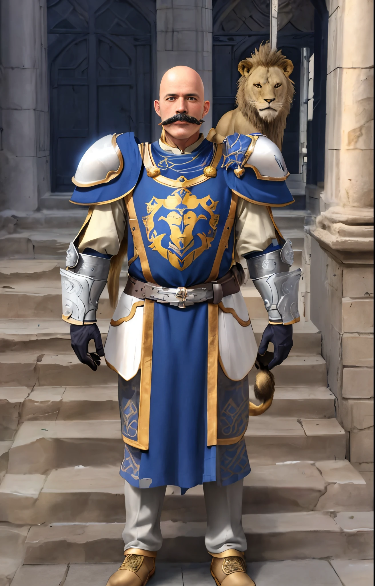 bald man, 50 years old, light brown mustache, white and blue armor, tabard with a lion's head design, calcha gloves, stone steps, stone building, fantasy