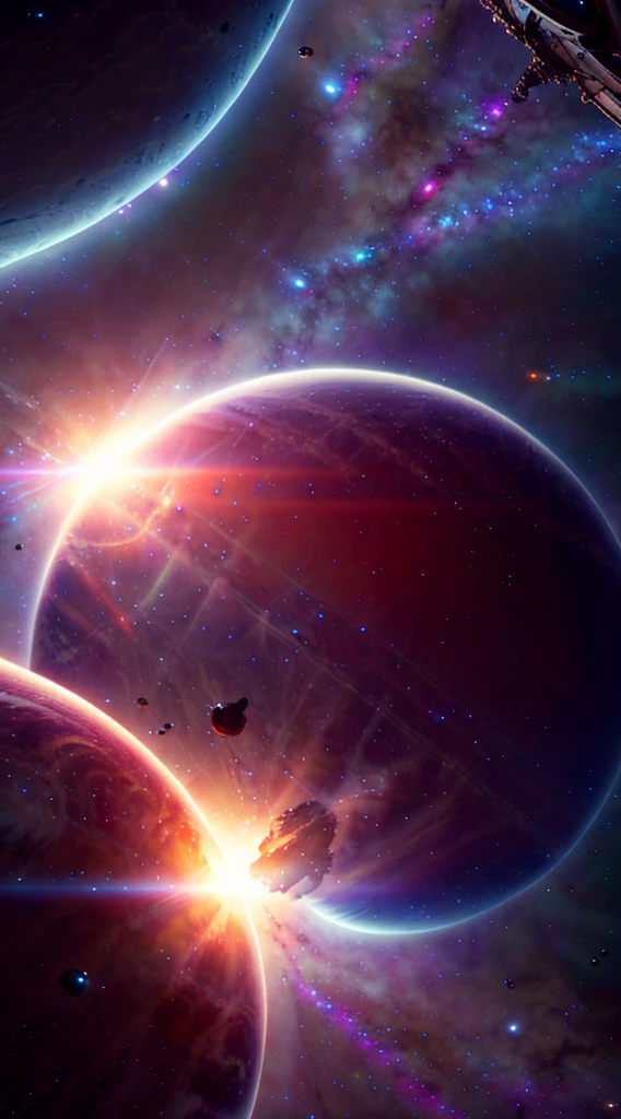 A space station located in space amidst the vast expanse of stars, planets, and galaxies would be a remarkable feat of engineering.(((masterpiece))), ((best quality)), realistic, 8k, ultra-detailed, realistic, scenery, ConceptArt, Highly detailed RAW color Photo, side Angle, (lens flare:0.7), particle effects, raytracing, cinematic lighting, shallow depth of field, photographed on a Sony Alpha 1, 50mm wide angle lens, sharp focus, cinematic film still, dynamic pose.,
