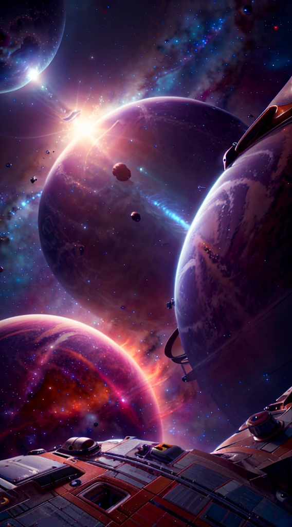 A space station located in space amidst the vast expanse of stars, planets, and galaxies would be a remarkable feat of engineering.(((masterpiece))), ((best quality)), realistic, 8k, ultra-detailed, realistic, scenery, ConceptArt, Highly detailed RAW color Photo, side Angle, (lens flare:0.7), particle effects, raytracing, cinematic lighting, shallow depth of field, photographed on a Sony Alpha 1, 50mm wide angle lens, sharp focus, cinematic film still, dynamic pose.,