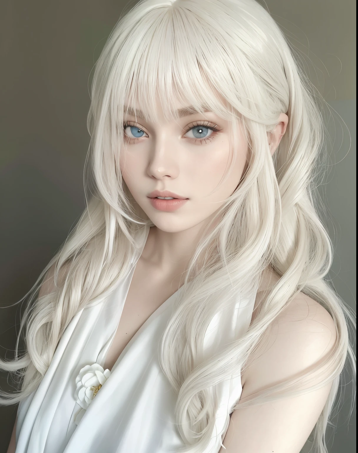 garota loira com longos cabelos brancos e uma flor rosa no cabelo, longos cabelos brancos e franja, com cabelos longos brancos, branco hime corte penteado, com longos cabelos brancos, pale milky white porcelain skin, pale porcelain white skin, franja branca, flowing white hair, porcelana pele branca, menina com cabelo branco, extremely pale blond hair, cabelo branco bonito
