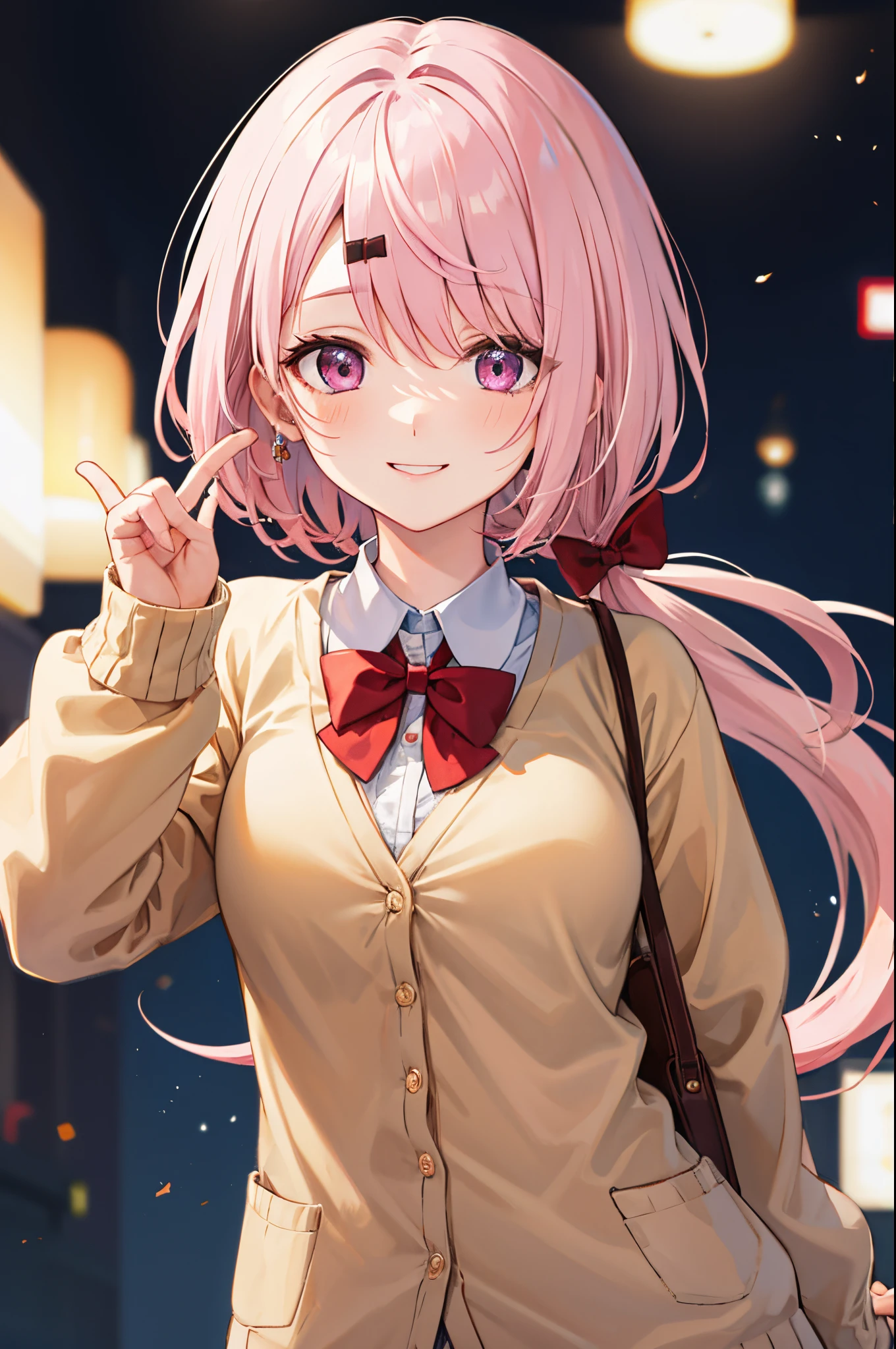 Shiina Yuka, mediuml breasts, white  shirt, looking at viewert,low ponytail,red bowtie,The upper part of the body, ssmile,Happy, ssmile, with pink hair, Brown cardigan, white backgrounid,a purple eye,