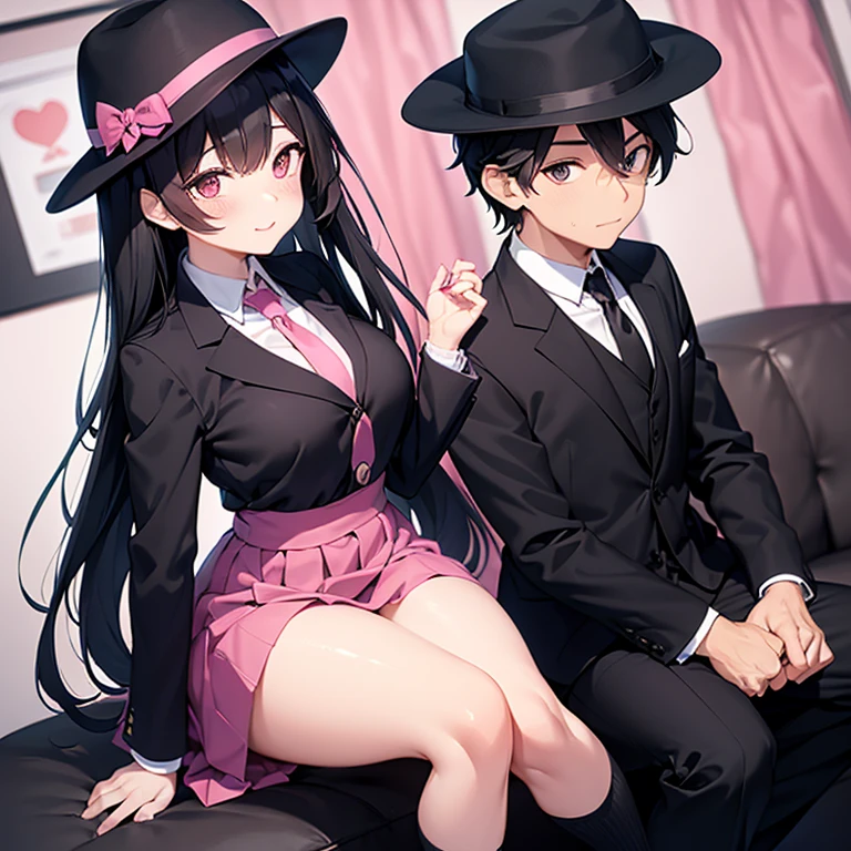 picture of two people, one man, one woman. The man has black hair, is dressed in a black suit, tie and long black trousers. The woman had long white hair down to her waist, wore a cute pink hat, wore pink casual clothes and wore a fairly small skirt with socks that covered her legs up to her thighs.