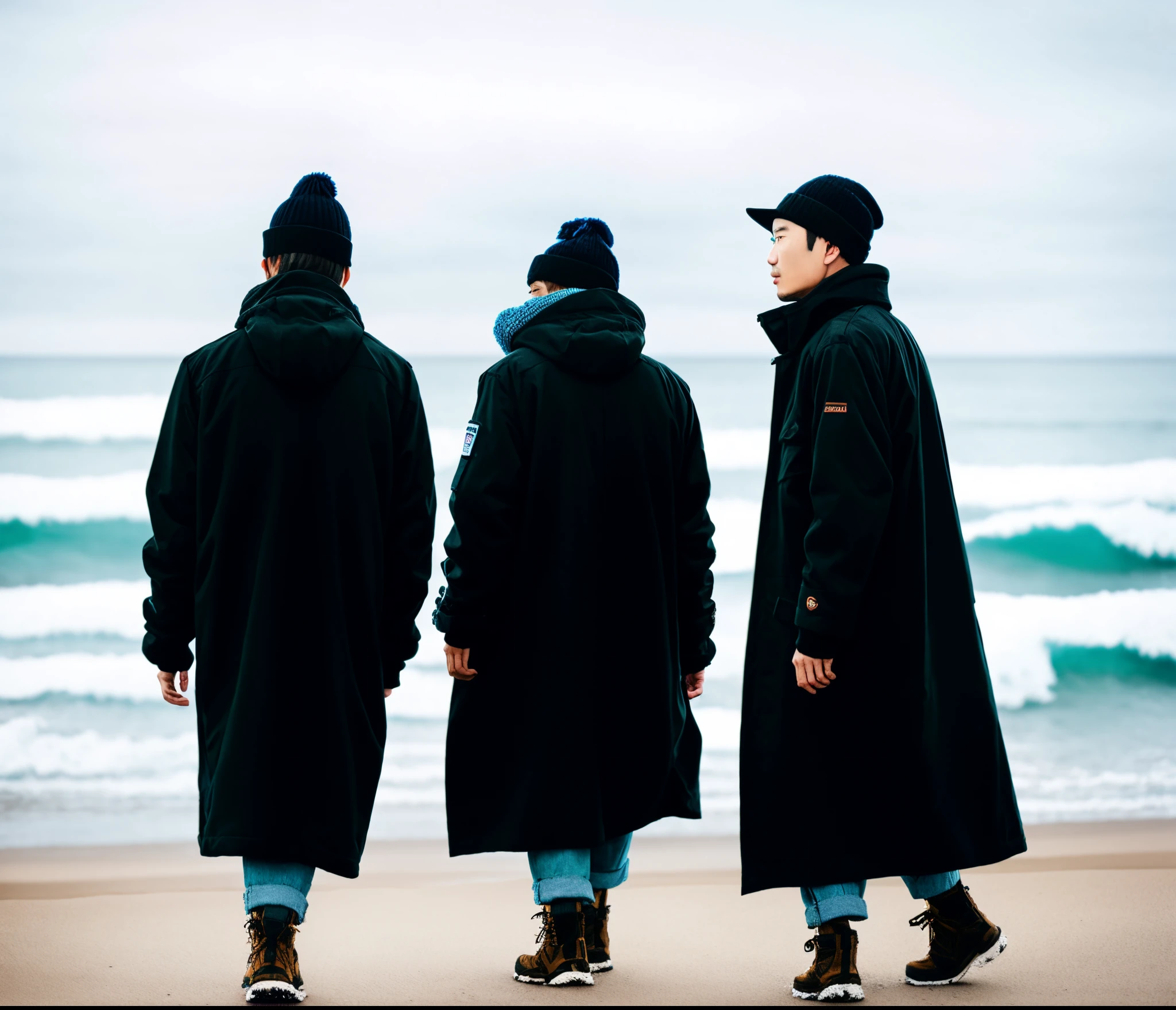 Three people wearing black down jackets walking on the beach、Wearing a knitted cotton hat，man walking on beach，back shadow，Snow boots，down jacket，Ultra-clear image quality，extreme hight detail