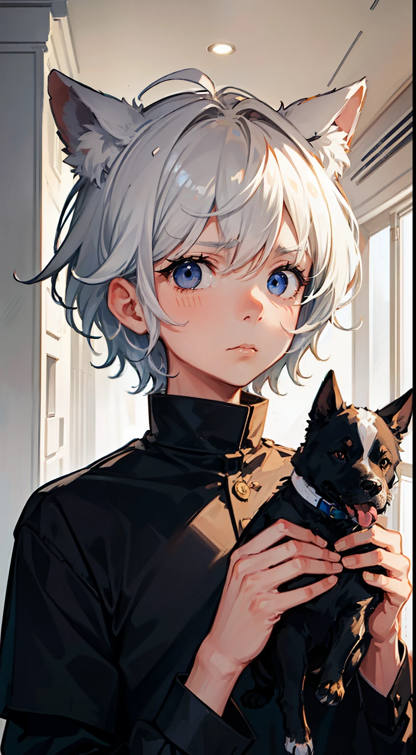 boy calling dog（10 years old）, sad eyes, Sad face, hopeless, sad, Detailed face, White hair