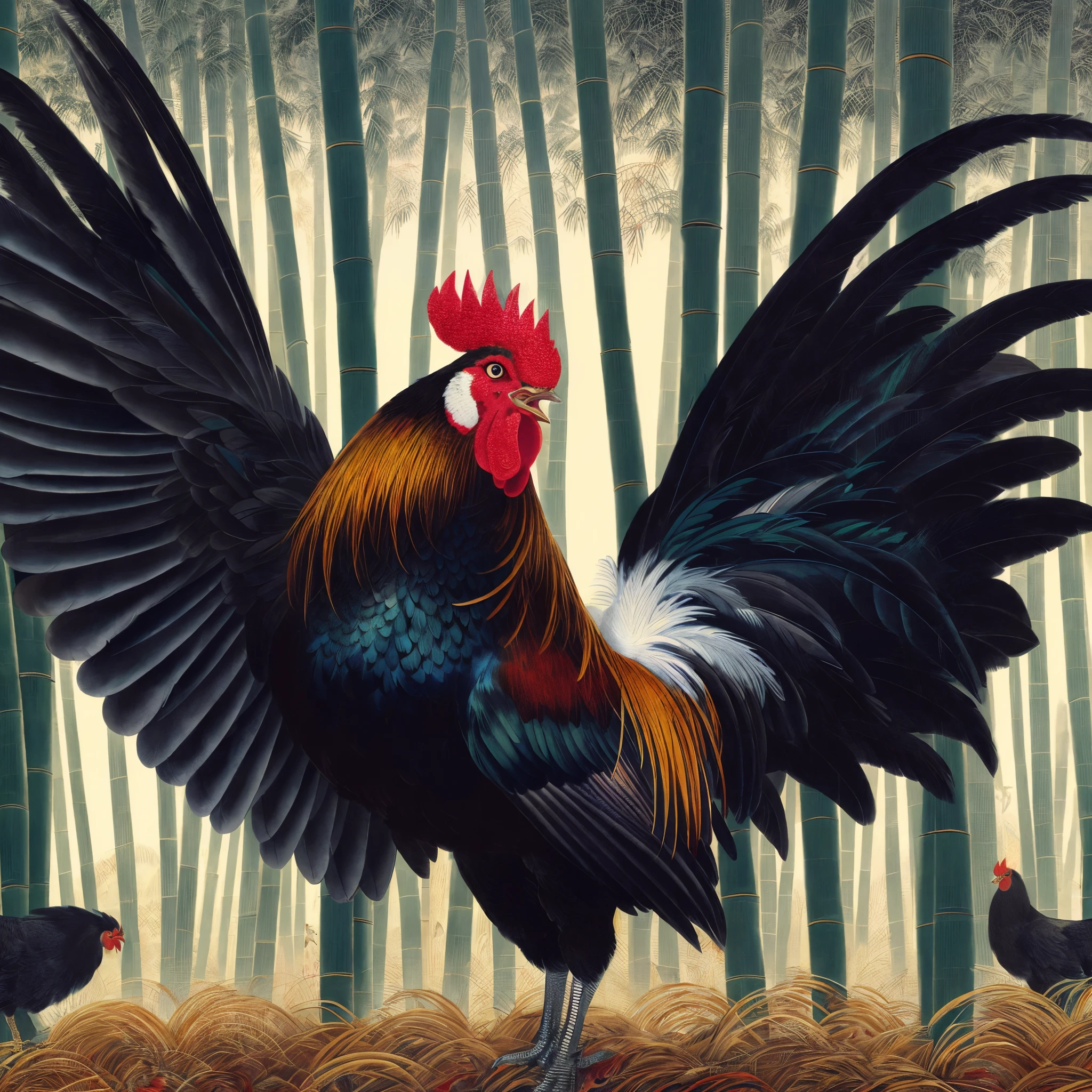 Painting of a rooster with a red head and a black tail, the king of rooster, rooster, Illustration of a rooster, rooster!!!!, Illustration of an angry rooster, by Galen Dara, Wen Boren, birds f cgsociety, by Shen Quan, by Li Kan, cocky, laurent durieux, Barlow Wayne, phoenix, by Yang J