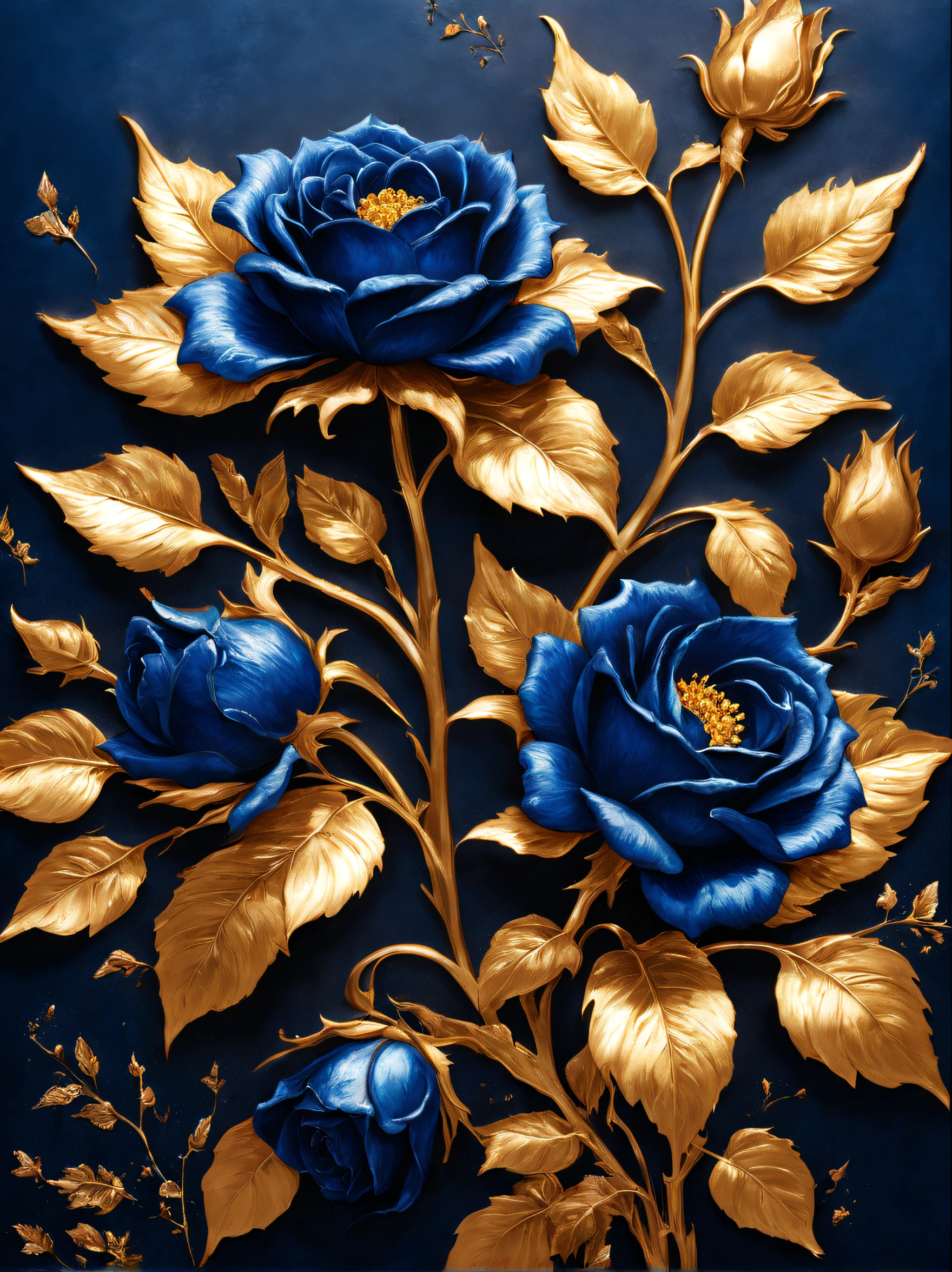 (Blue temptation rose poster made of metal）, Each metallic blue enchantress flower has cascading petals， Blue spray gold sand，Rich metallic texture，they are dark blue，Like the night sky and the deep sea，Has an attractive metallic luster，leaves made of platinum，（Petals trimmed with gold：0.6），The edges of the petals are brushed metal，Capturing light and shadow, gold flowers, helianthus flowers, golden rose, flowers and gold, (Gold-plated embossing: 1.37), Detailed flower, Gorgeous flowers,,intricate flowers, Messy golden leaf flowers, 8K detailed oil painting, Stunning and detailed, gilded. flowers blooming, baroque element, Fine workmanship，It gives a feeling of nobility、mystical feeling。
Background with：blue velvet cloth，Give people a kind of tenacious growth、The feeling of unyielding life