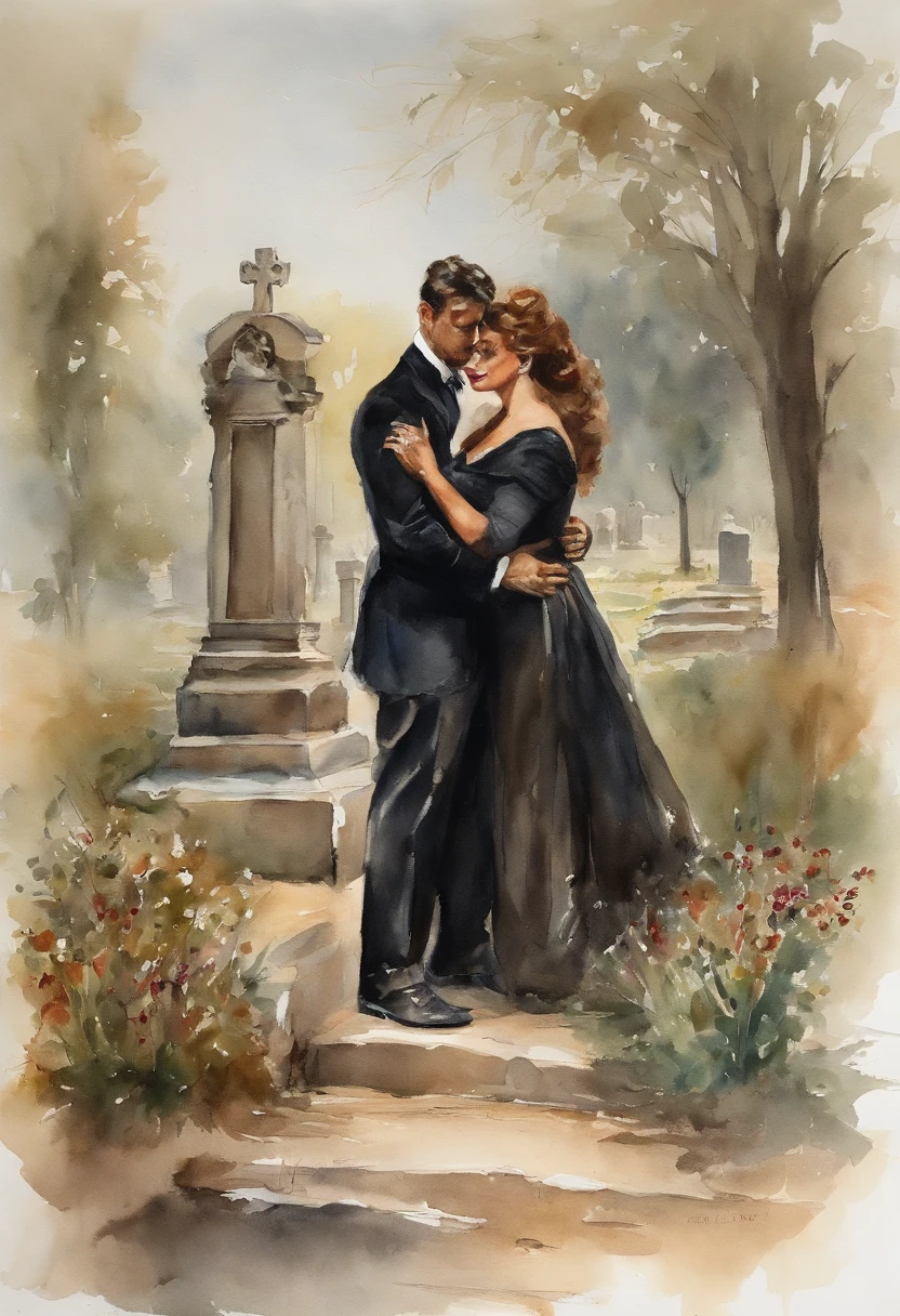Sophia Loren as A buxom, 60 years old widow wearing a black dress and a young handsome coach man wearing breeches hugging and making out at a grave in a cemetery , painting by Adolphe Menzel