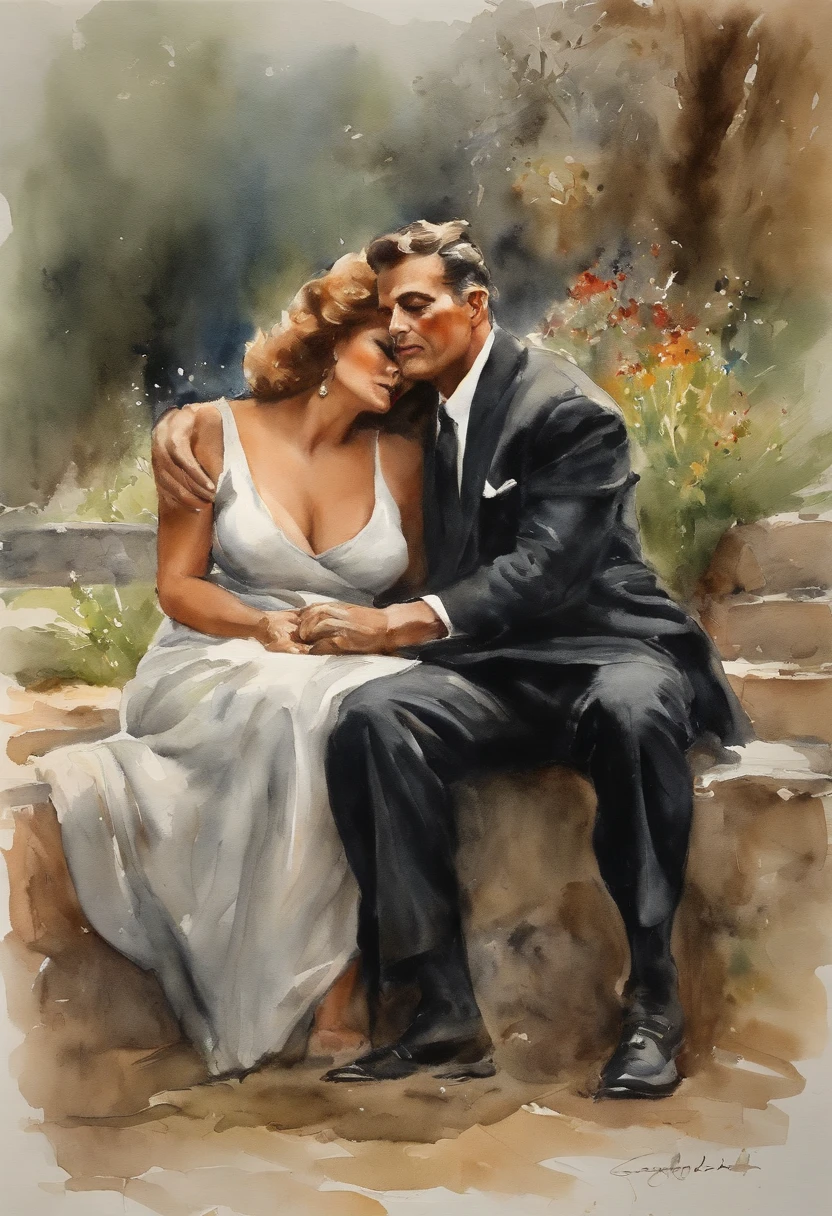 Sophia Loren as A buxom, 60 years old widow wearing a black dress and a young handsome coach man wearing breeches hugging and making out at a grave in a cemetery , painting by Adolphe Menzel