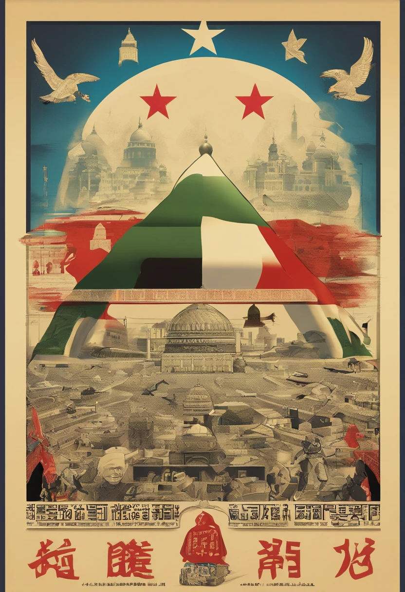 conflicting composition、war between israel and palestine、Gaza Strip、Hamas、Make conflict easy to understand、caricature、America supports Israel、Iran supports Palestine、China controls everything
