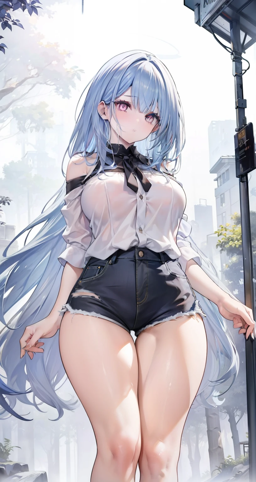 1 girl, pale skin, eyes, mouth, lips, giant hair, bangs, highlights, painted on the back of the head, neck, shoulders, short blouse, perfect belly, ripped short denim shorts, thick legs, thick thighs, Black Women's Medium Fishnet Pantyhose , background scenery, in the night park, beautiful night, wind, leaf flying, night light, people around, green aria, trees