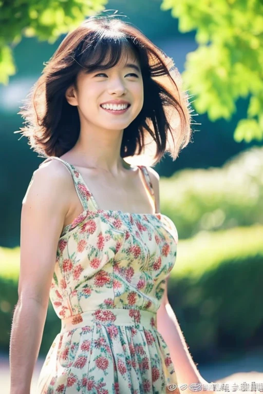 Akina Nakamori, masutepiece, Best Quality, absurderes, perfect anatomia, 1girl in, Solo, PascalTales, Short hair, Beautiful, Cheerful, A clear day, Botanical Garden, Summer Breeze, sundress, Floral pattern, Wavy Hair, Smiling