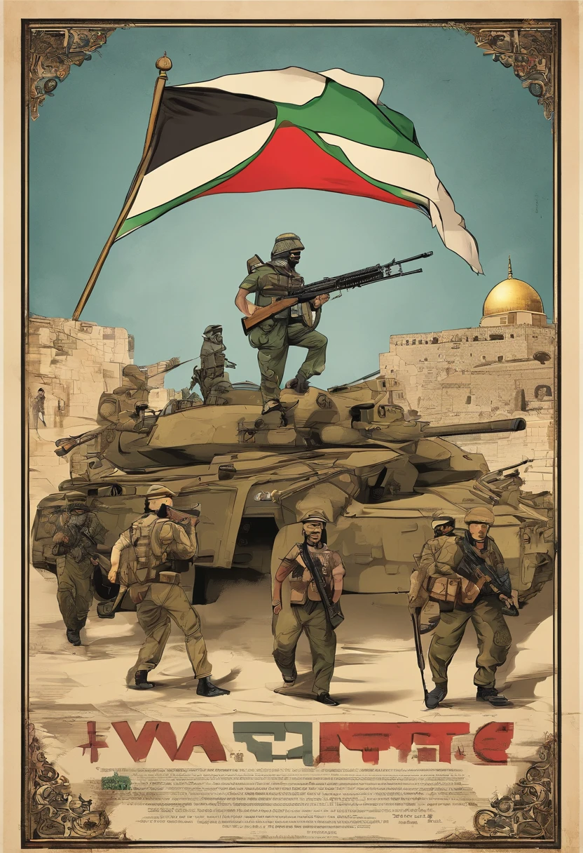 conflicting composition、war between israel and palestine、Gaza Strip、Hamas、Make conflict easy to understand、caricature、America supports Israel、Iran supports Palestine、China controls everything、United States Flag、Iranian flag、Flag of China