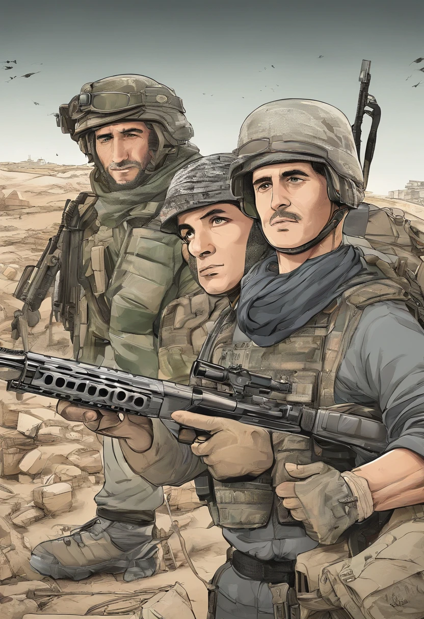 conflicting composition、war between israel and palestine、Gaza Strip、Hamas、Make conflict easy to understand、caricature、America supports Israel、Iran supports Palestine、China controls everything