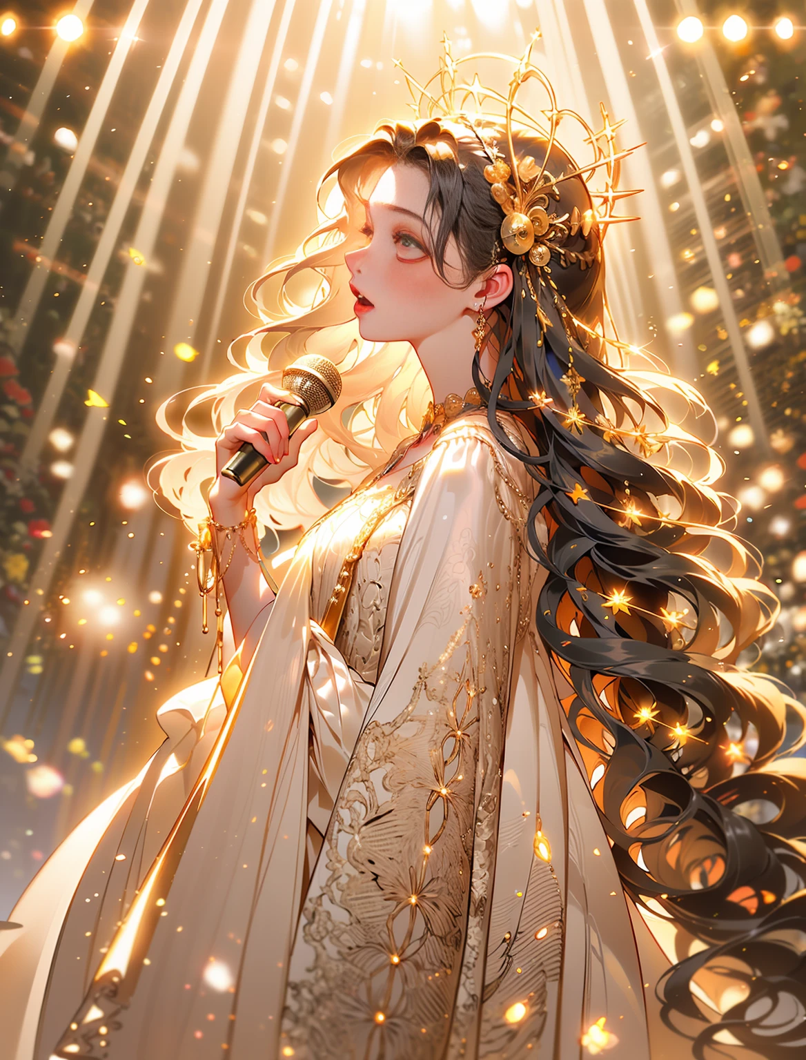 (best quality,ultra-detailed,beautiful detailed face,masterpiece:1.2),1girl,idol singer,long skirt,on the stage,microphone,spotlight,vibrant colors,stage lights,energetic pose,singing passionately,fans cheering,facial expression full of emotion,stylish makeup,hair styled in waves,glittering accessories,dynamic performance