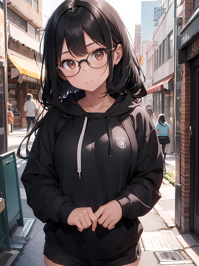 1girl, long black hair, brown eyes, wearing black hoodie, black shorts, glasses, city, absurdres, high res, ultrasharp, 8K, masterpiece, looking at viewer