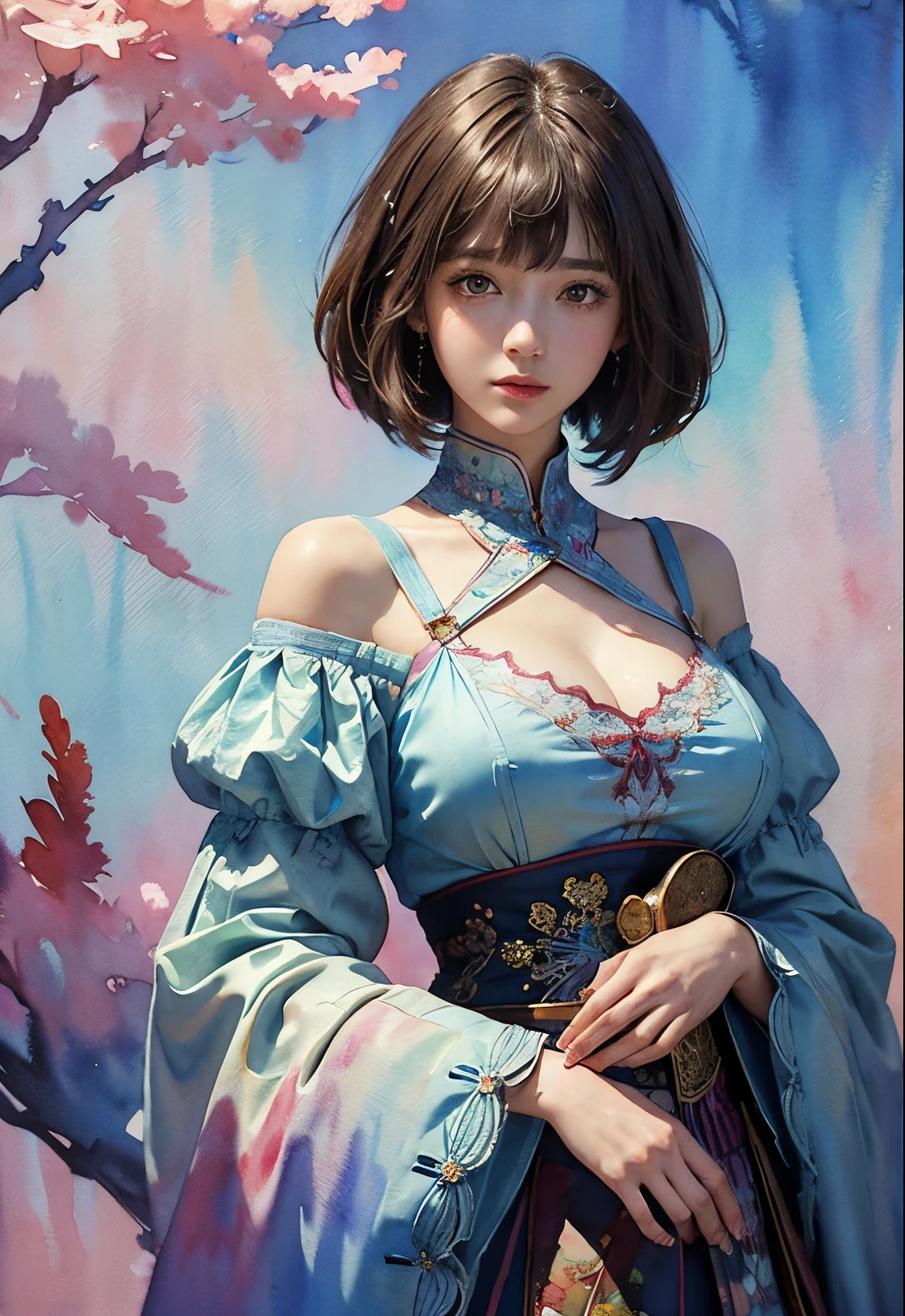 (masterpiece、top-quality、top-quality、Official art、Beautifully Aesthetic:1.2)、(1girl in)、ighly detailed、(Fractal Art:1.3), (watercolor paiting:1.3), colourfull、highestdetailed, ((short hair with bangs)), huge tit