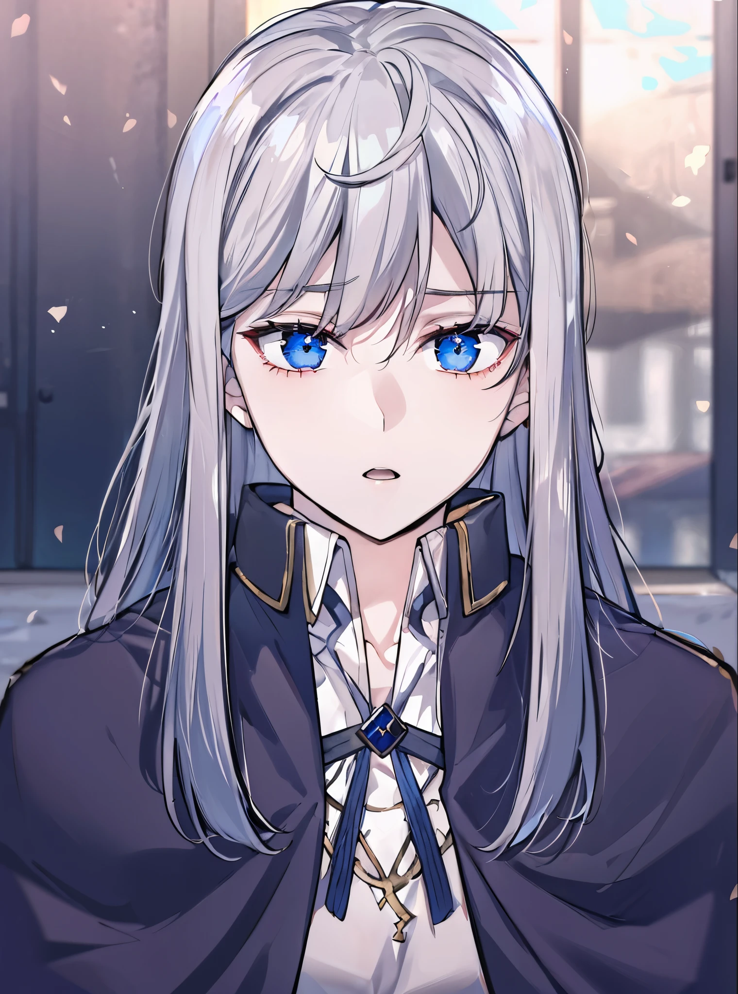 (masterpiece:1.2), (pale skin:1.2), (solo:1.2), (female:1.1), (emphasis lines:1.3), long hair, silver hair, indoors, blue eyes, cloak