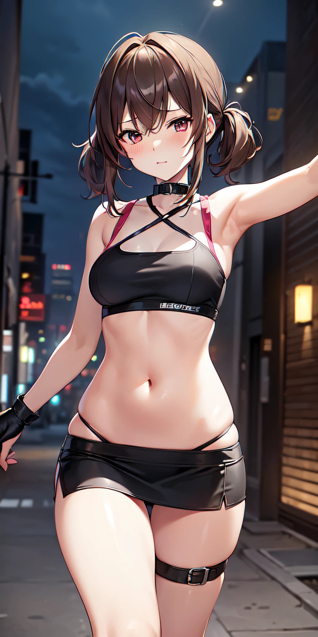 (((professional: step by step, considering even the smallest detail god level final result))): "Zettai Ryouiki, with medium light brown hair and two pigtails above her ears, 50% Revealing clothing, Show skin, ((Rave short shirt, very Low-cut shirt, Rave cowboy miniskirt, Visible thong straps)), (with a rave outfit:1.2, 30% Rave clothing), (Detailed outfit, Detailed clothing), (sexy walking pose), Solo focus, embarrassed, centered, Scale to fit dimensions, Rule of thirds, ((Night view)),(cyberpunk night street Background: 1.3, dark sky, alley, lonely alley, clouds thick, Background with intricate details), (Best quality),(high resolution),(Sharp focus),(full intricate details),(Very high quality artwork),(very fine 8K CG),((perfect piece) ), (((Masterpiece))), illustration, vibrant colors, high contrast, selective lighting, double exposure, HDR (high dynamic range), Post-processing, Background blur, transparent drees"