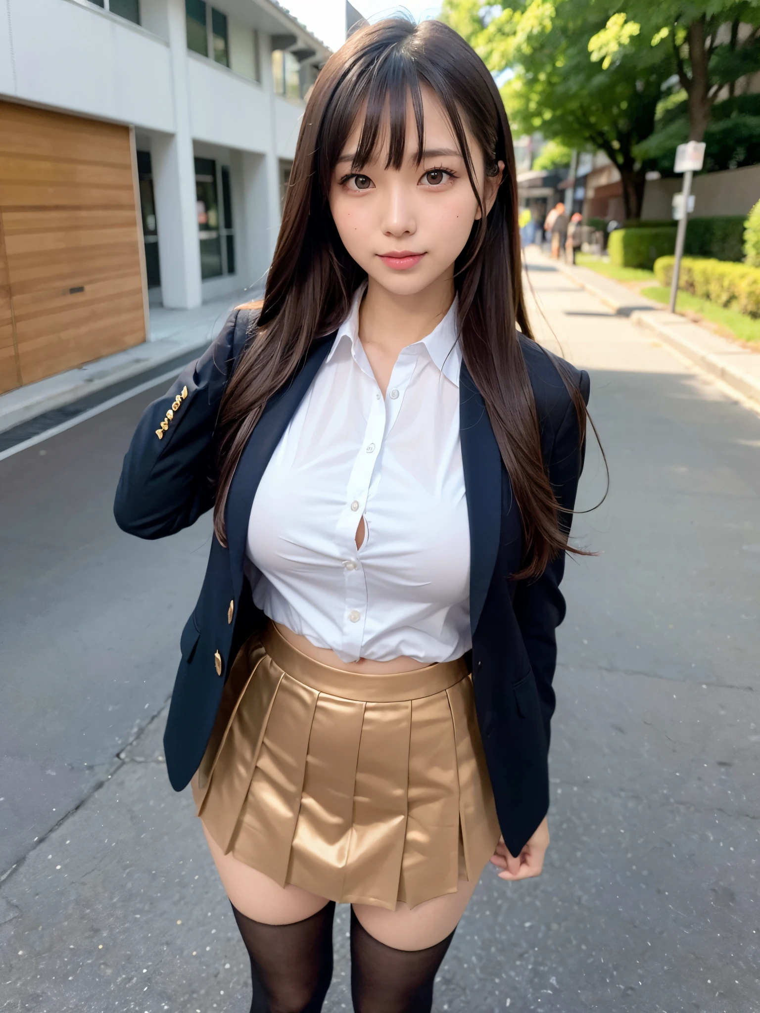 ((masutepiece)), ((Best Quality)), (Ultra-detailed), ((Extremely detailed)), 4K, (8K), Best Quality, (Beautiful), Realistic, Real, Dynamic Angle 0, Young cute Japanese girl seen from the front ,Near the school, Glamorous figure ,Long bob hair ,1girl in, Solo, &quot;uniformss&quot;,「outfits」,&quot;vestments&quot;,White shirt, Blue tie, Grape Pleated Mini Skirt, Black Loafer Shoes, ((Beautiful eyes)), large full breasts, A big smile, hyper cute face, Glossy lips, double eyelids for both eyes, long eyelashes ,Natural makeup, shiny smooth light brown hair of a long bob hair, asymmetrical bangs, High resolution, high detailing, detailed hairstyle, Detailed face, Cinematic lighting, Octane Rendering, Hyper realistic, Perfect limbs, Perfect Anatomy
