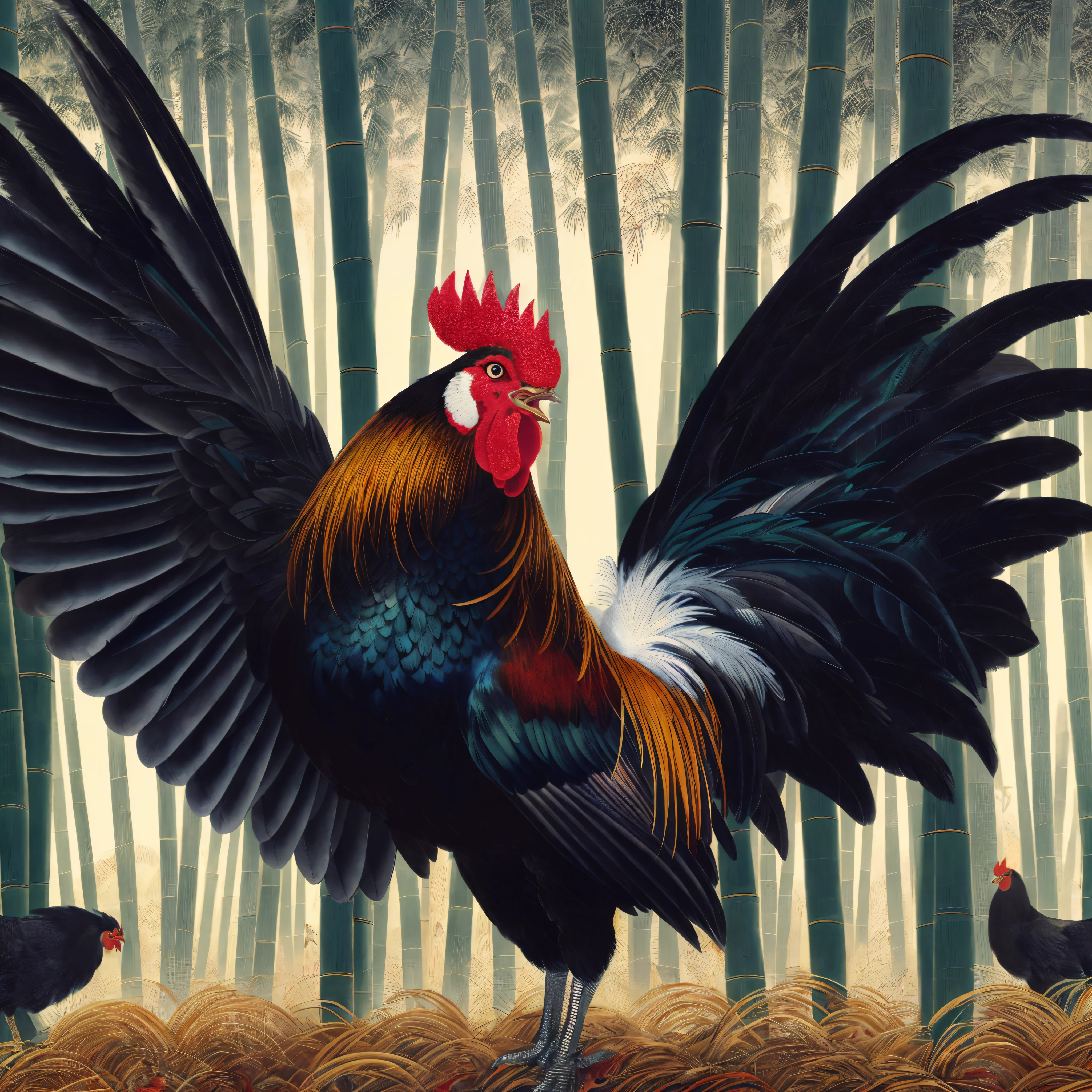 Painting of a rooster with a red head and a black tail, the king of rooster, rooster, Illustration of a rooster, rooster!!!!, Illustration of an angry rooster, by Galen Dara, Wen Boren, birds f cgsociety, by Shen Quan, by Li Kan, cocky, laurent durieux, Barlow Wayne, phoenix, by Yang J