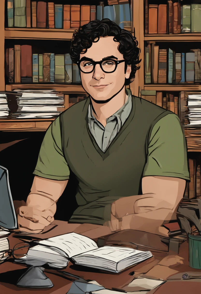 An image of Leonard sitting at a desk surrounded by books and a laptop, with a pair of glasses on his nose and a thoughtful expression on his face.,The Big Bang Theory,Leonard is short with curly black hair and glasses, portrayed by Johnny Galecki