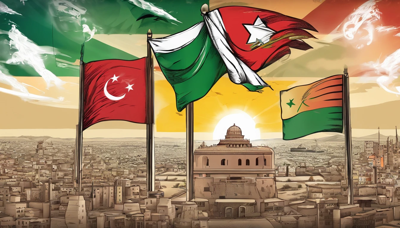 conflicting composition、war between israel and palestine、Gaza Strip、Hamas、Make conflict easy to understand、caricature、America supports Israel、Iran supports Palestine、China controls everything、United States Flag、Iranian flag、Flag of China