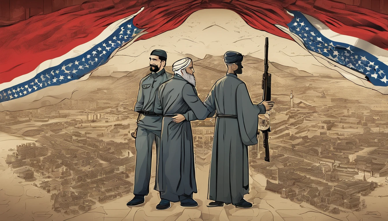 conflicting composition、war between israel and palestine、Gaza Strip、Hamas、Make conflict easy to understand、caricature、America supports Israel、Iran supports Palestine、China controls everything、United States Flag、Iranian flag、Flag of China
