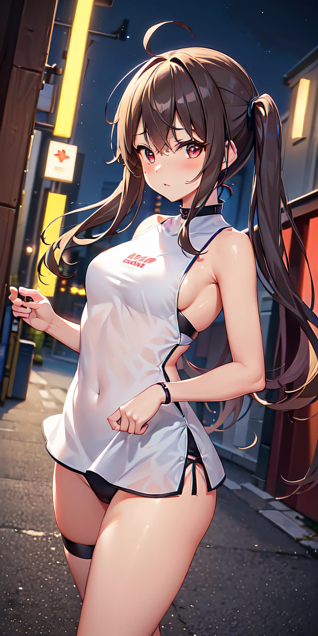 (((professional: step by step, considering even the smallest detail god level final result))): "Zettai Ryouiki, with medium light brown hair and two pigtails above her ears, 50% Revealing clothing, Show skin, ((Rave short shirt, very Low-cut shirt, Rave cowboy miniskirt, Visible thong straps)), (with a rave outfit:1.2, 30% Rave clothing), (Detailed outfit, Detailed clothing), (sexy walking pose), Solo focus, embarrassed, centered, Scale to fit dimensions, Rule of thirds, ((Night view)),(cyberpunk night street Background: 1.3, dark sky, alley, lonely alley, clouds thick, Background with intricate details), (Best quality),(high resolution),(Sharp focus),(full intricate details),(Very high quality artwork),(very fine 8K CG),((perfect piece) ), (((Masterpiece))), illustration, vibrant colors, high contrast, selective lighting, double exposure, HDR (high dynamic range), Post-processing, Background blur, transparent drees"