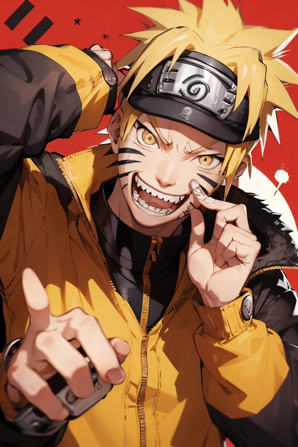 Naruto Uzumaki with grills in his mouth in fisheye lens. He is holding his pinkie to his mouth, showing off his grills. He is smiling showing his grills.