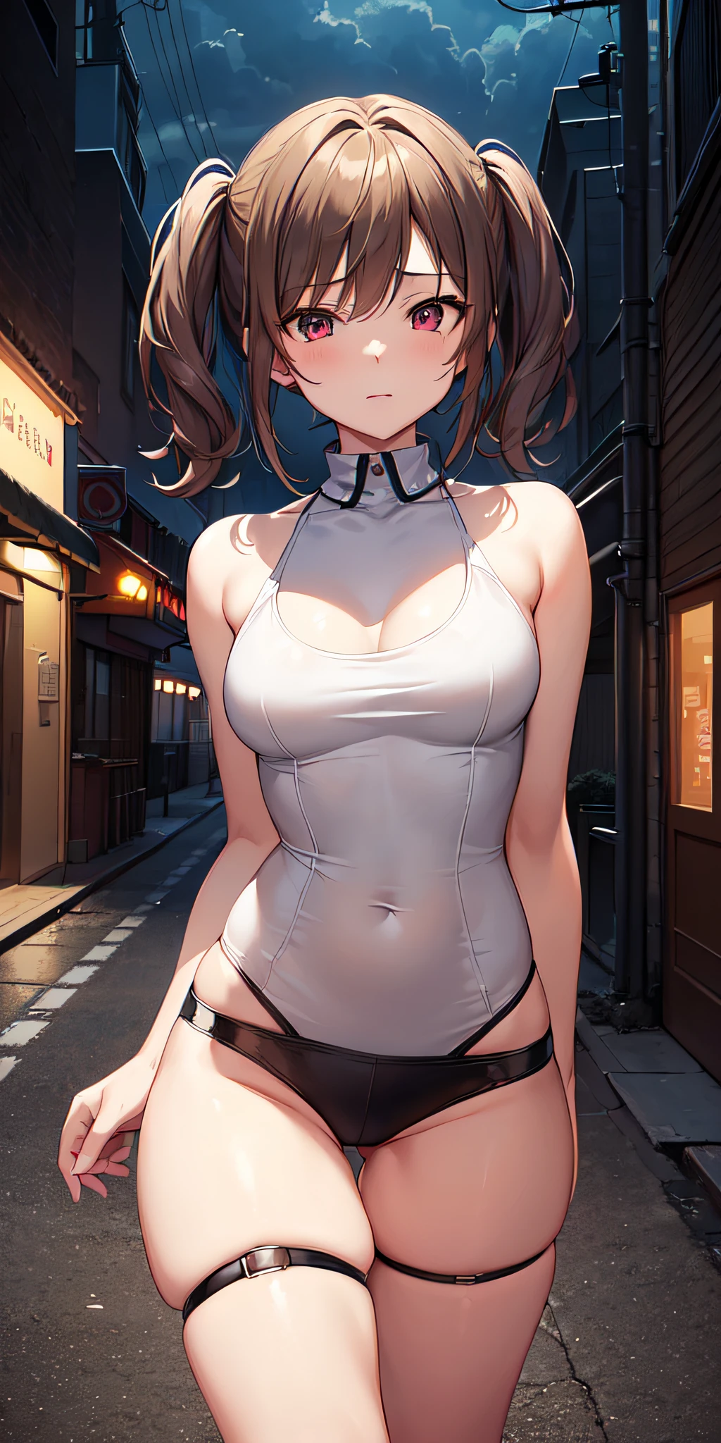 (((professional: step by step, considering even the smallest detail god level final result))): "Zettai Ryouiki, with medium light brown hair and two pigtails above her ears, 50% Revealing clothing, Show skin, ((Rave short shirt, very Low-cut shirt, Rave cowboy miniskirt, Visible thong straps)), (with a rave outfit:1.2, 30% Rave clothing), (Detailed outfit, Detailed clothing), (sexy walking pose), Solo focus, embarrassed, centered, Scale to fit dimensions, Rule of thirds, ((Night view)),(cyberpunk night street Background: 1.3, dark sky, alley, lonely alley, clouds thick, Background with intricate details), (Best quality),(high resolution),(Sharp focus),(full intricate details),(Very high quality artwork),(very fine 8K CG),((perfect piece) ), (((Masterpiece))), illustration, vibrant colors, high contrast, selective lighting, double exposure, HDR (high dynamic range), Post-processing, Background blur, transparent drees"