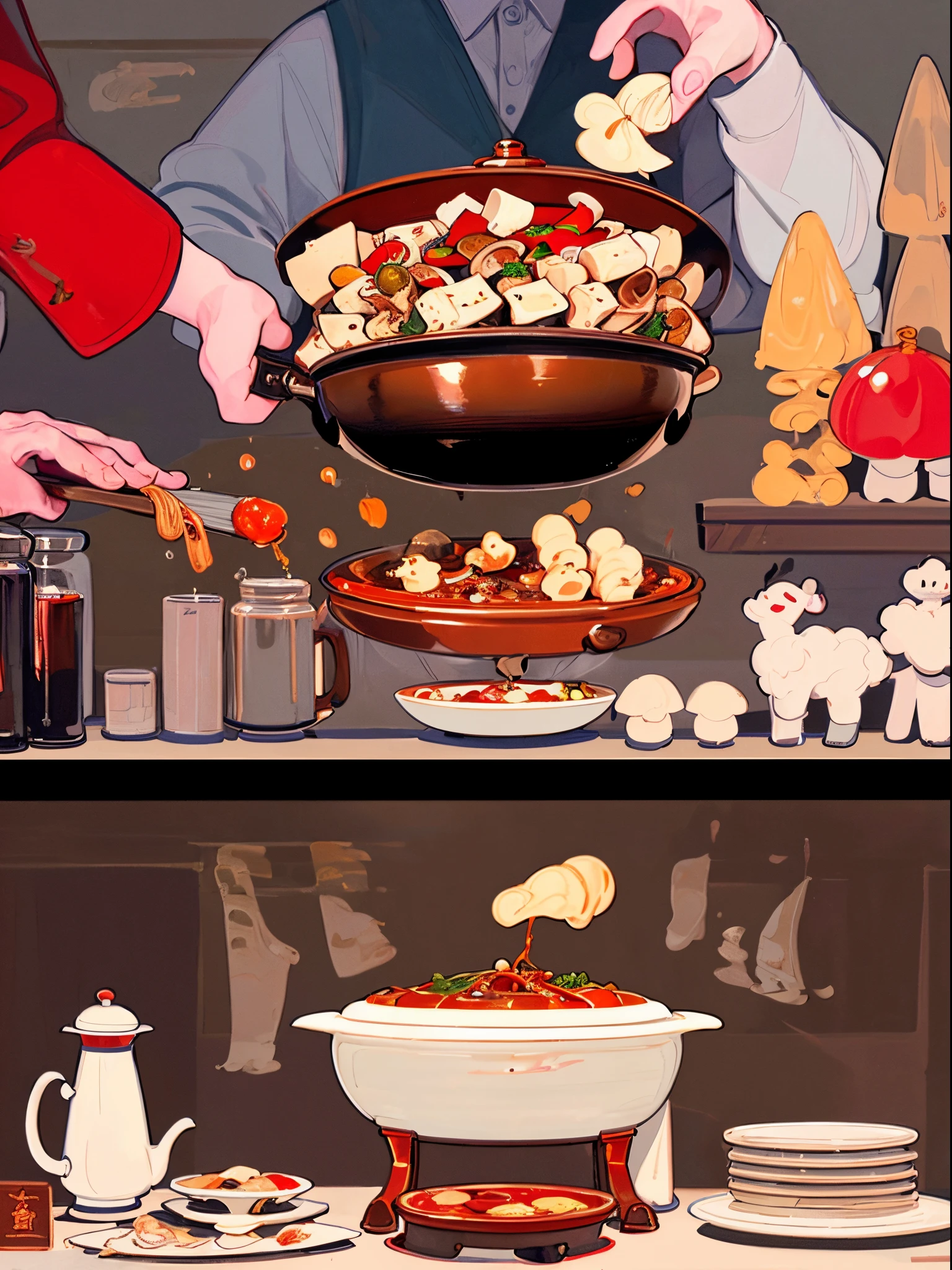 tmasterpiece, Best quality at best, The is very detailed, detailedbackground, 详细的脸, 1 boy，Eat Sichuan hot pot，Exaggerated big mouth，Close your eyes，Copper pan，hot pot，Chongqing，sichuan，Copper pan，chili pepper，lamb slices，verdure，Enoki mushroom，k hd，Clear public areas，multi-detail，shiitake，coriander，tofu
