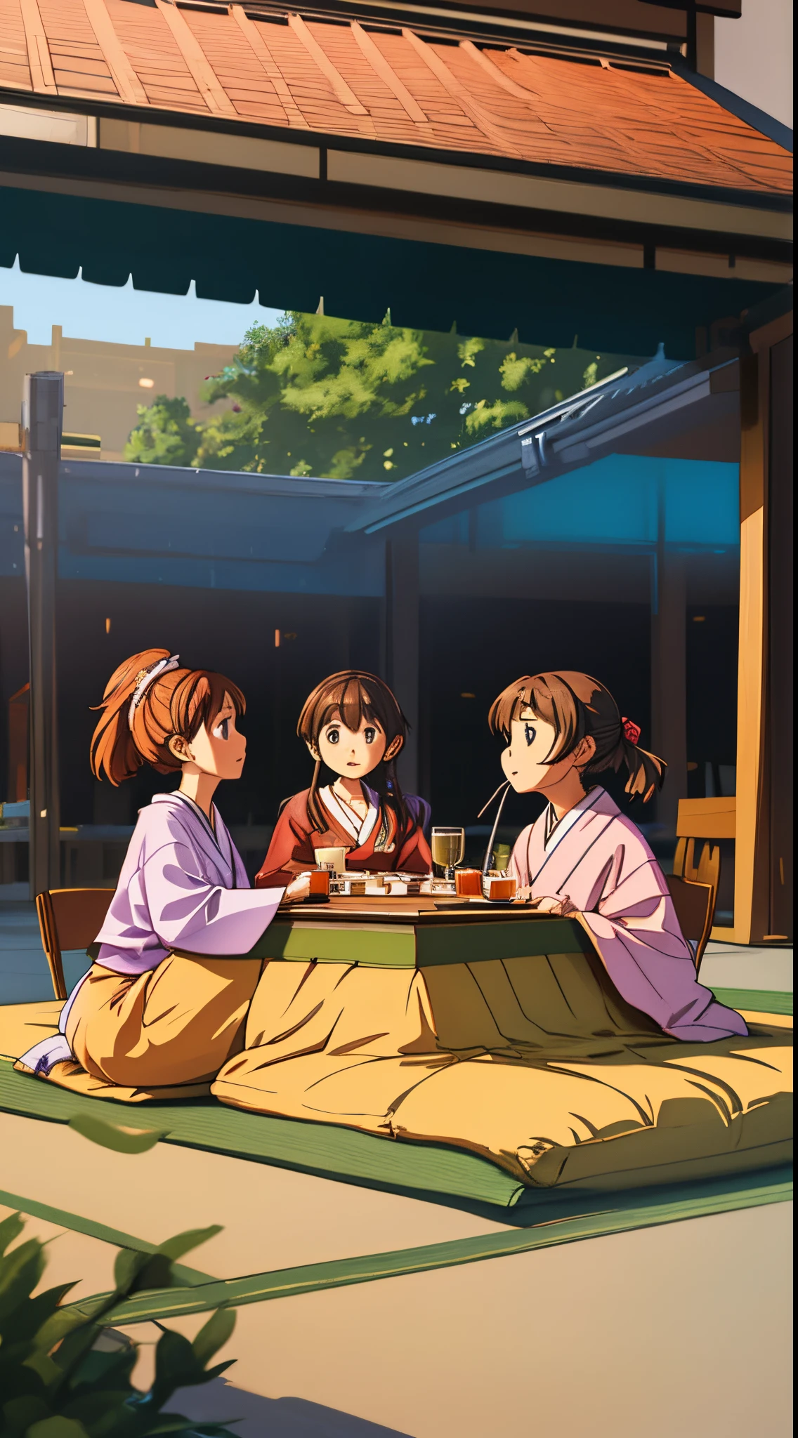natta 、People sitting under a kotatsu in the plaza, drinking alcohol and watching a movie