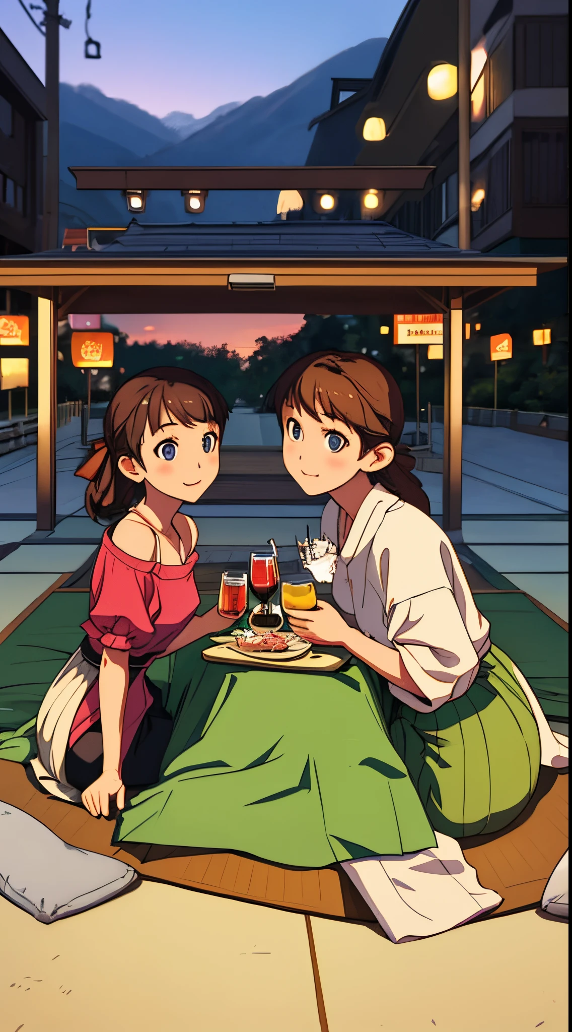 natta 、People sitting under a kotatsu in the plaza, drinking alcohol and watching a movie