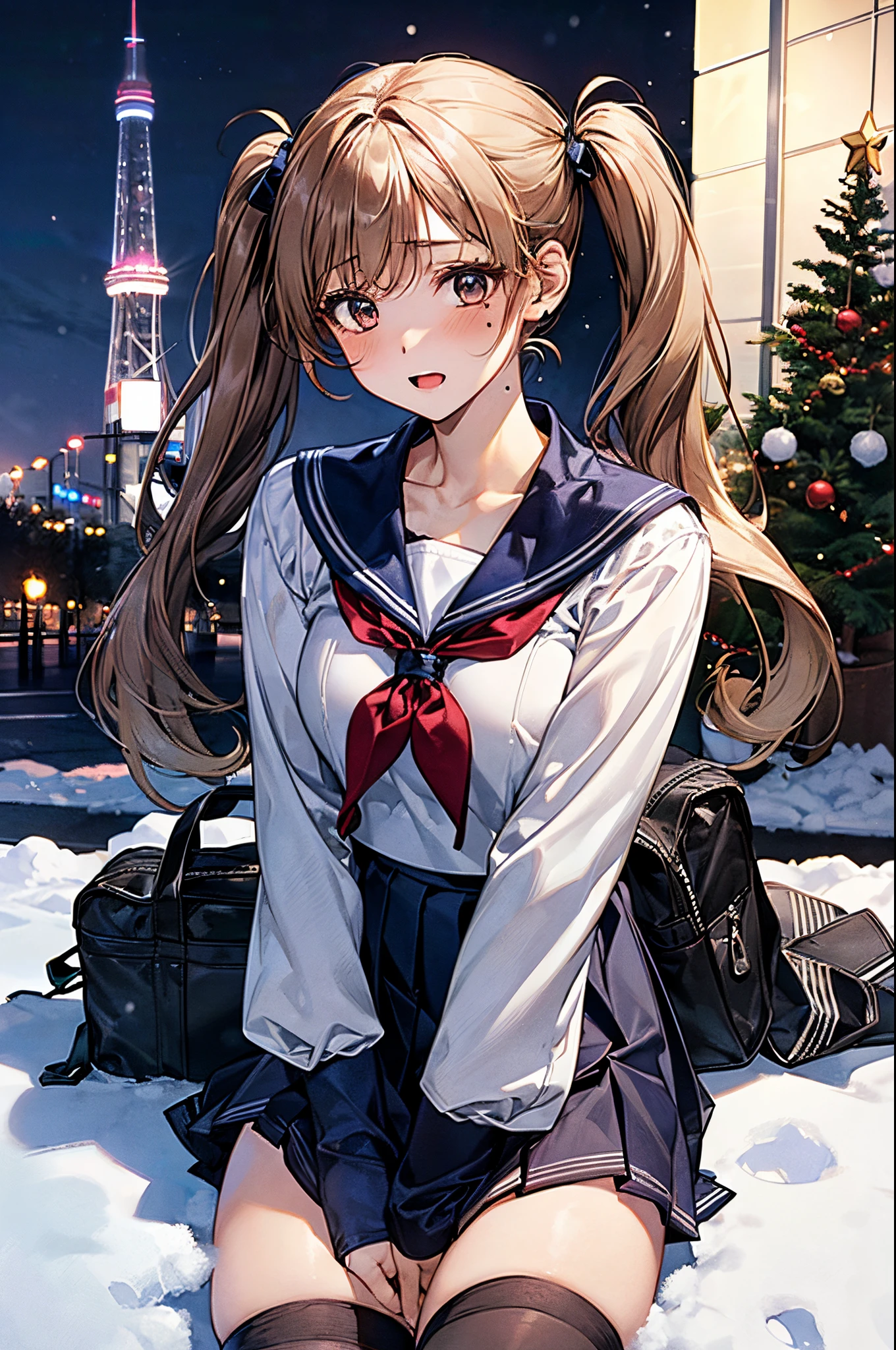 ((((perfect anatomy, super detailed skin)))), 1 girl, japanese, high school girl, shiny skin, large breasts:0.5, looking away, looking up, watching the view, from below,
beautiful hair, beautiful face, beautiful detailed eyes, (long hair:1.4, twintails:1.7), blond hair, brown eyes,
beautiful clavicle, beautiful body, beautiful chest, beautiful thigh, beautiful legs, babyface, mole under eye,
((((long sleeves)), all navy sailor suit, navy pleated skirt, navy sailor collar, red sailor scarf, coat, thigh-highs, short boots), school bag), seductive thighs, thighhighs, ((animal collar)),
((ashamed, open your mouth wide)), sitting floor, cross-legged sitting, spread legs, sitting against the lamppost,
(beautiful scenery), winter, midnight, hokkaido, sapporo, odori park, , christmas, christmas tree, illumination, tv tower, snow, snowfall:1.5, freezing weather, frost,
(8k, top-quality, masterpiece:1.2, extremely detailed), (photorealistic), beautiful illustration, cinematic lighting,